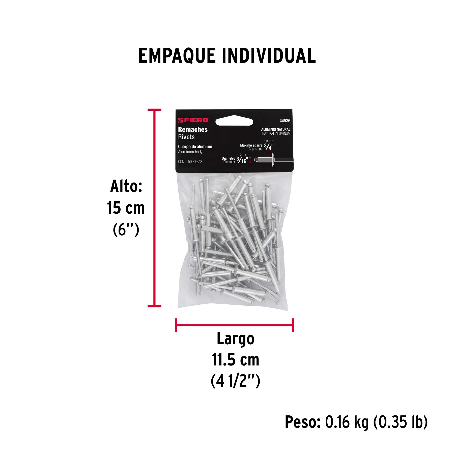 Bolsa con 50 remaches 3/16" x 3/4" de aluminio, ala 3/8" - Empaque
