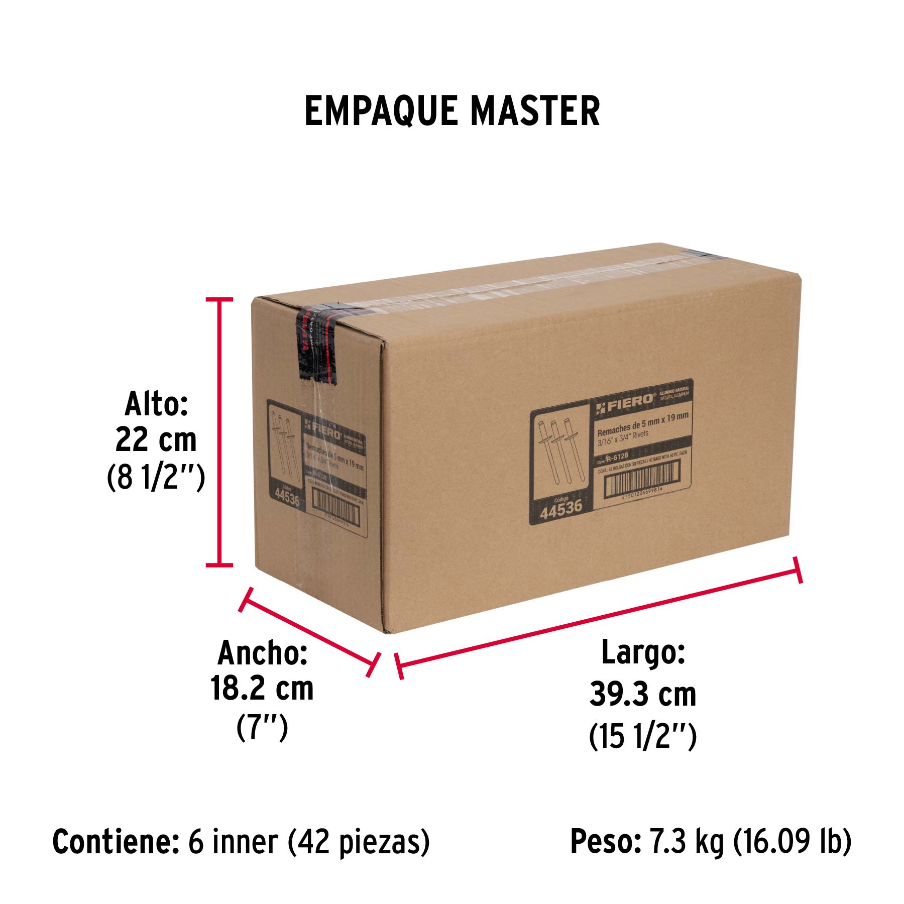 Bolsa con 50 remaches 3/16" x 3/4" de aluminio, ala 3/8" - Empaque
