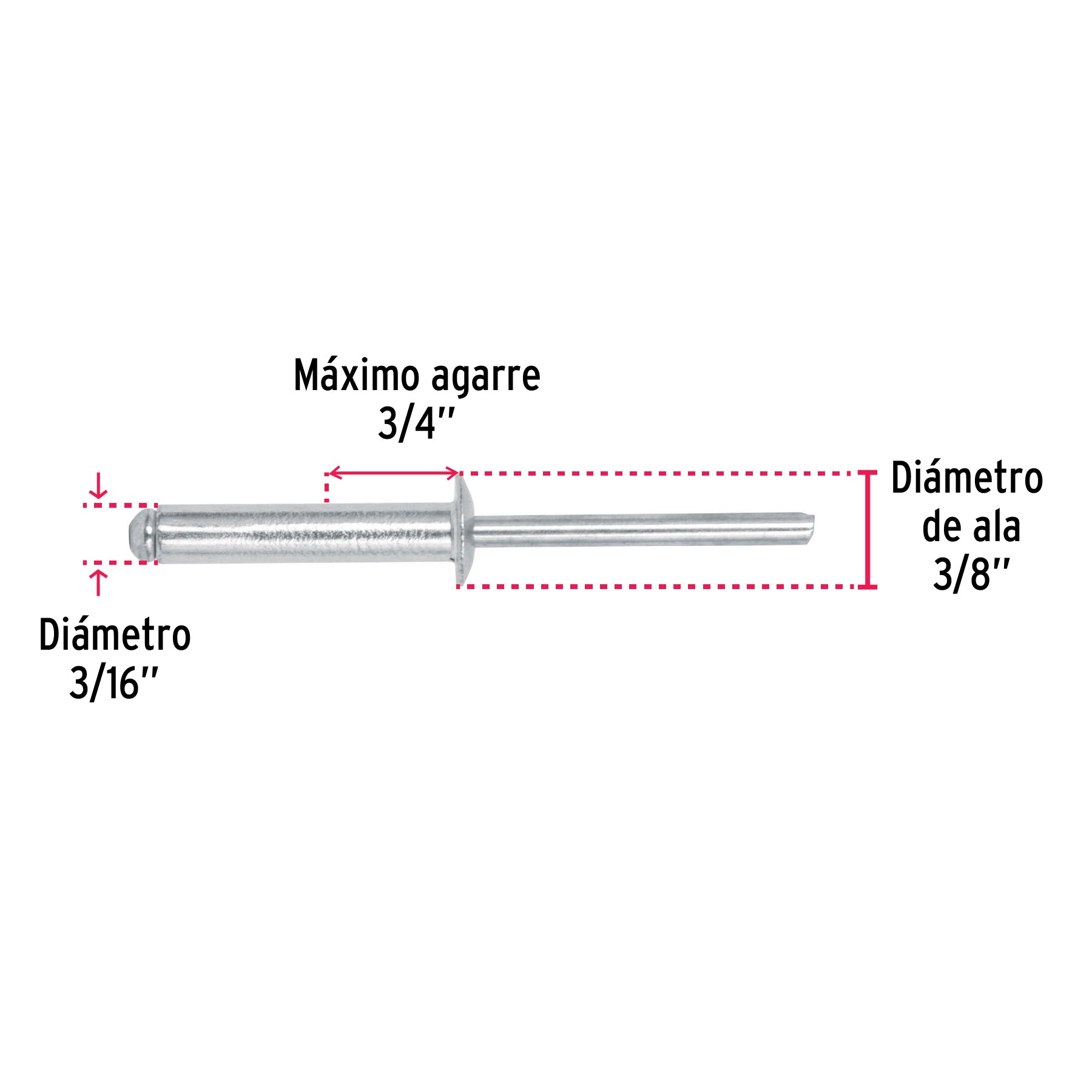 Bolsa con 50 remaches 3/16" x 3/4" de aluminio, ala 3/8"