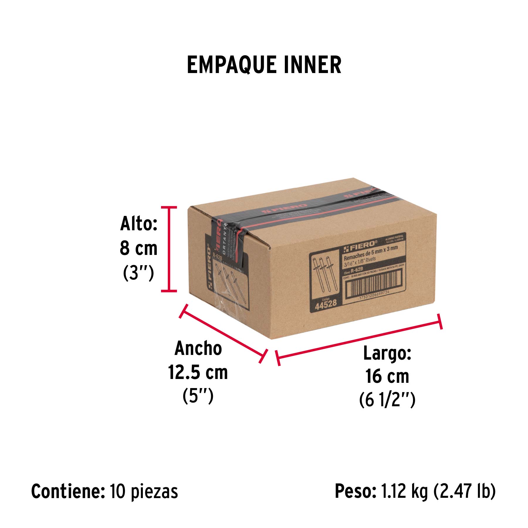 Bolsa con 50 remaches 3/16" x 1/8" de aluminio, ala 3/8" - Empaque