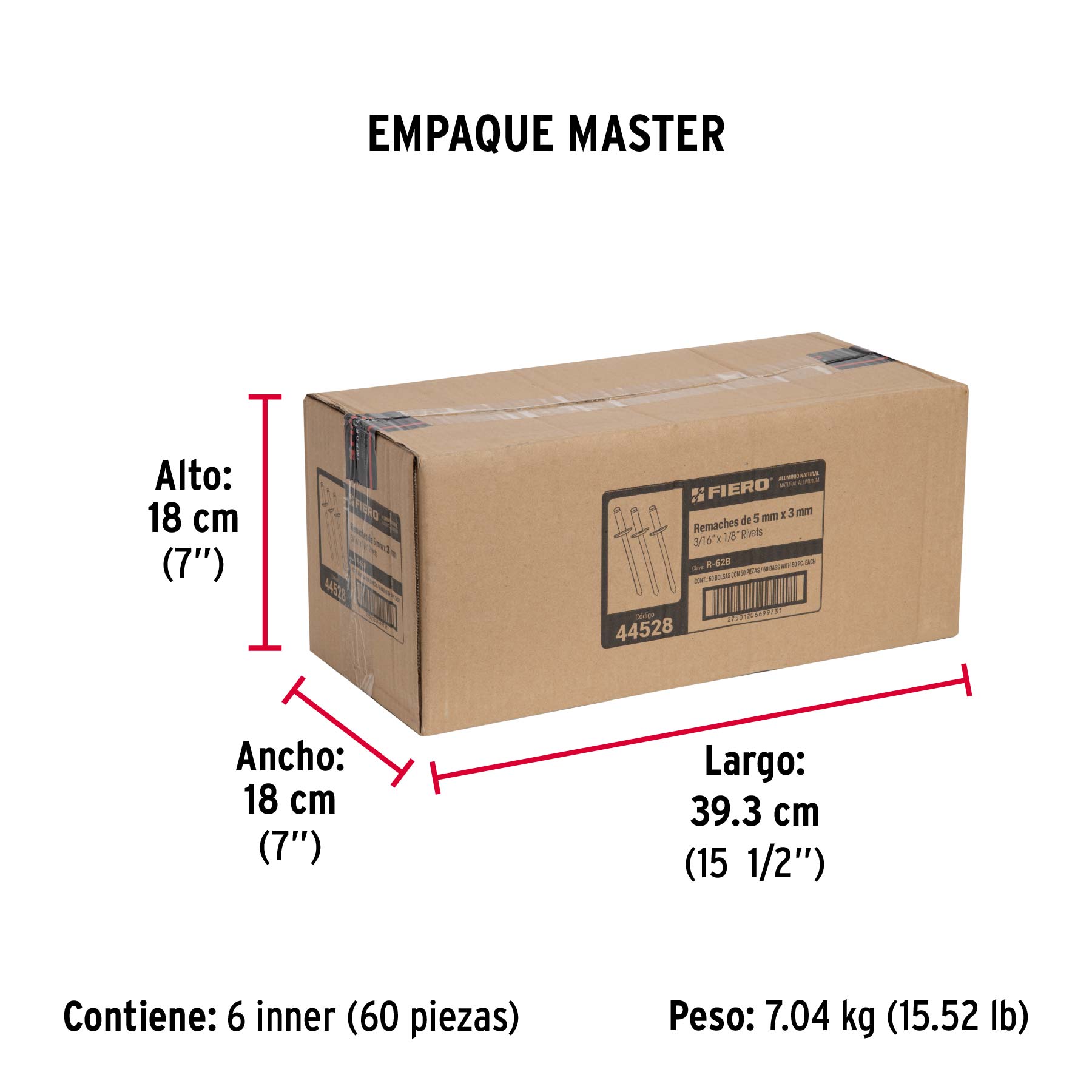 Bolsa con 50 remaches 3/16" x 1/8" de aluminio, ala 3/8" - Empaque