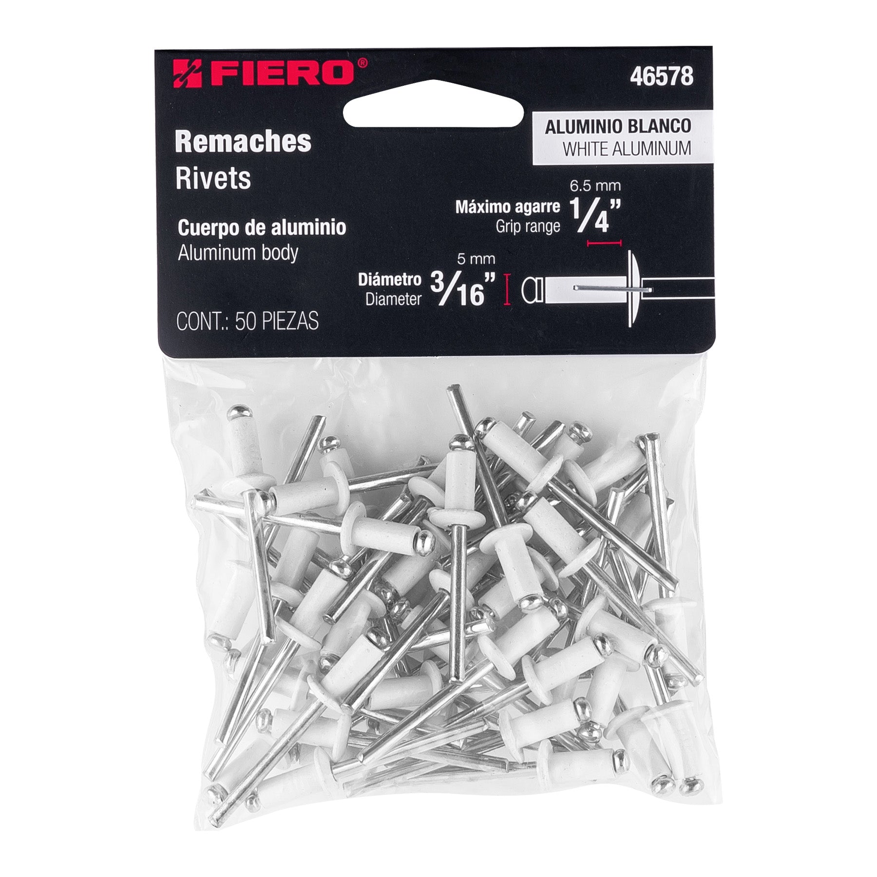 Bolsa c/50 remaches 3/16"x1/4" blancos de aluminio, ala 3/8"