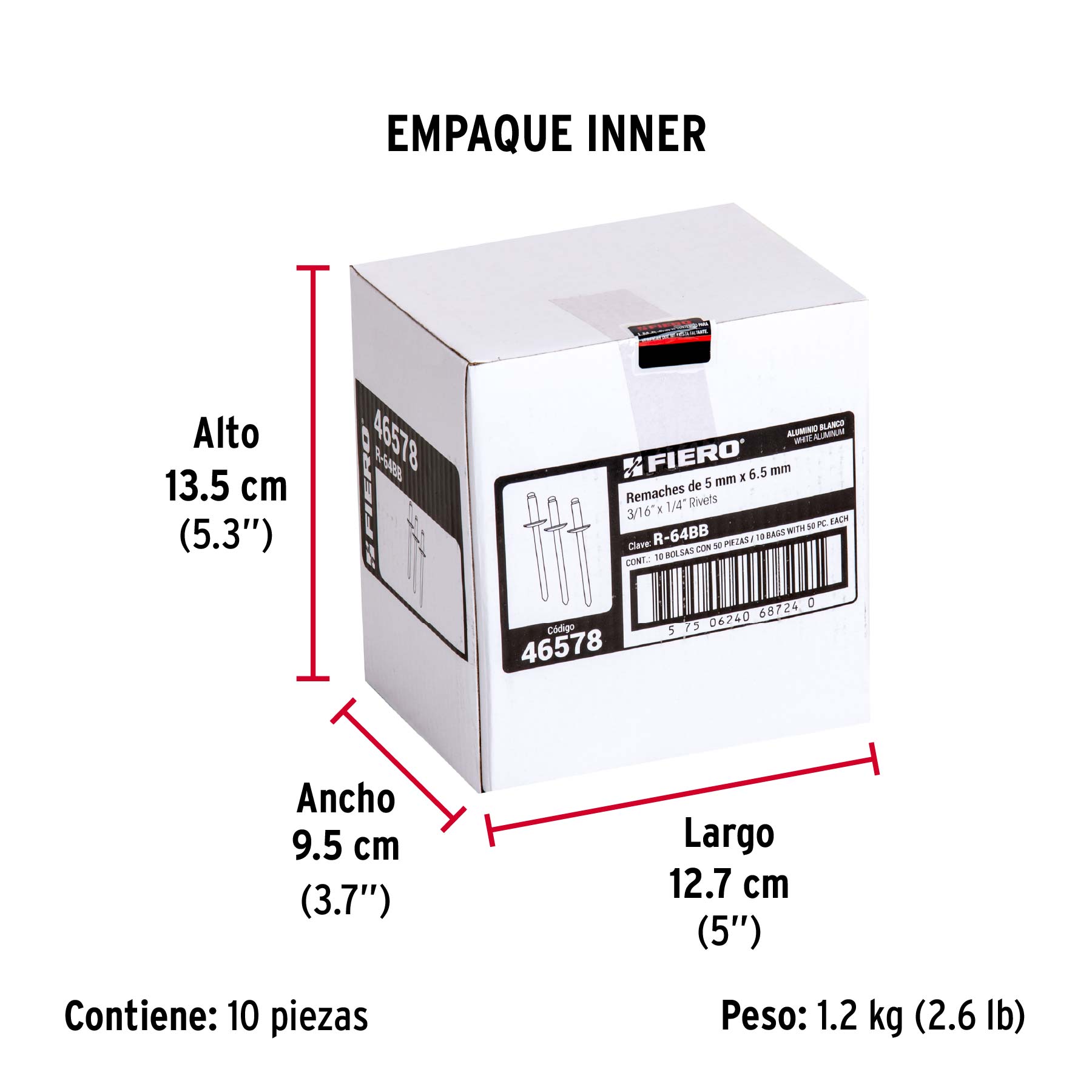 Bolsa c/50 remaches 3/16"x1/4" blancos de aluminio, ala 3/8" - Empaque