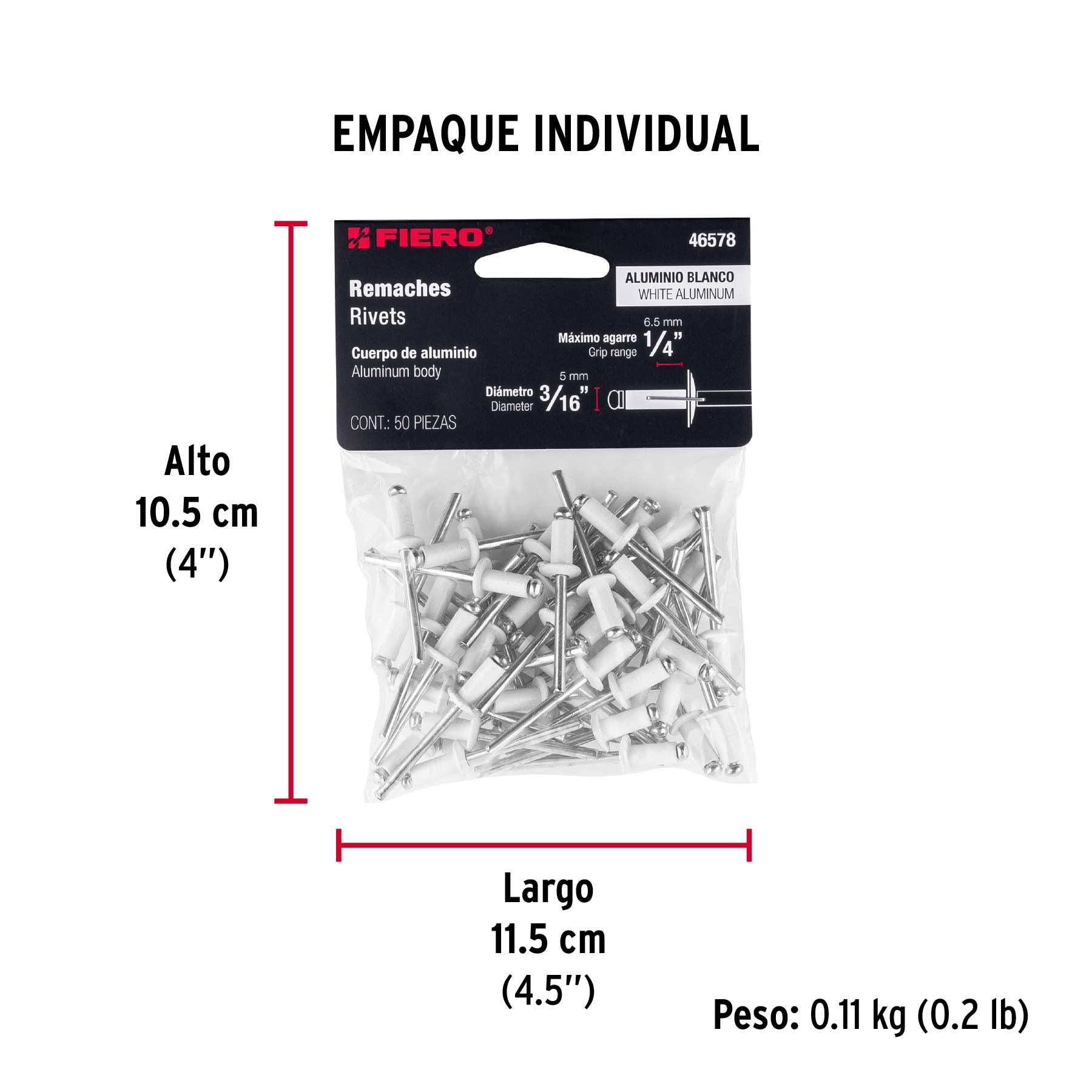 Bolsa c/50 remaches 3/16"x1/4" blancos de aluminio, ala 3/8" - Empaque