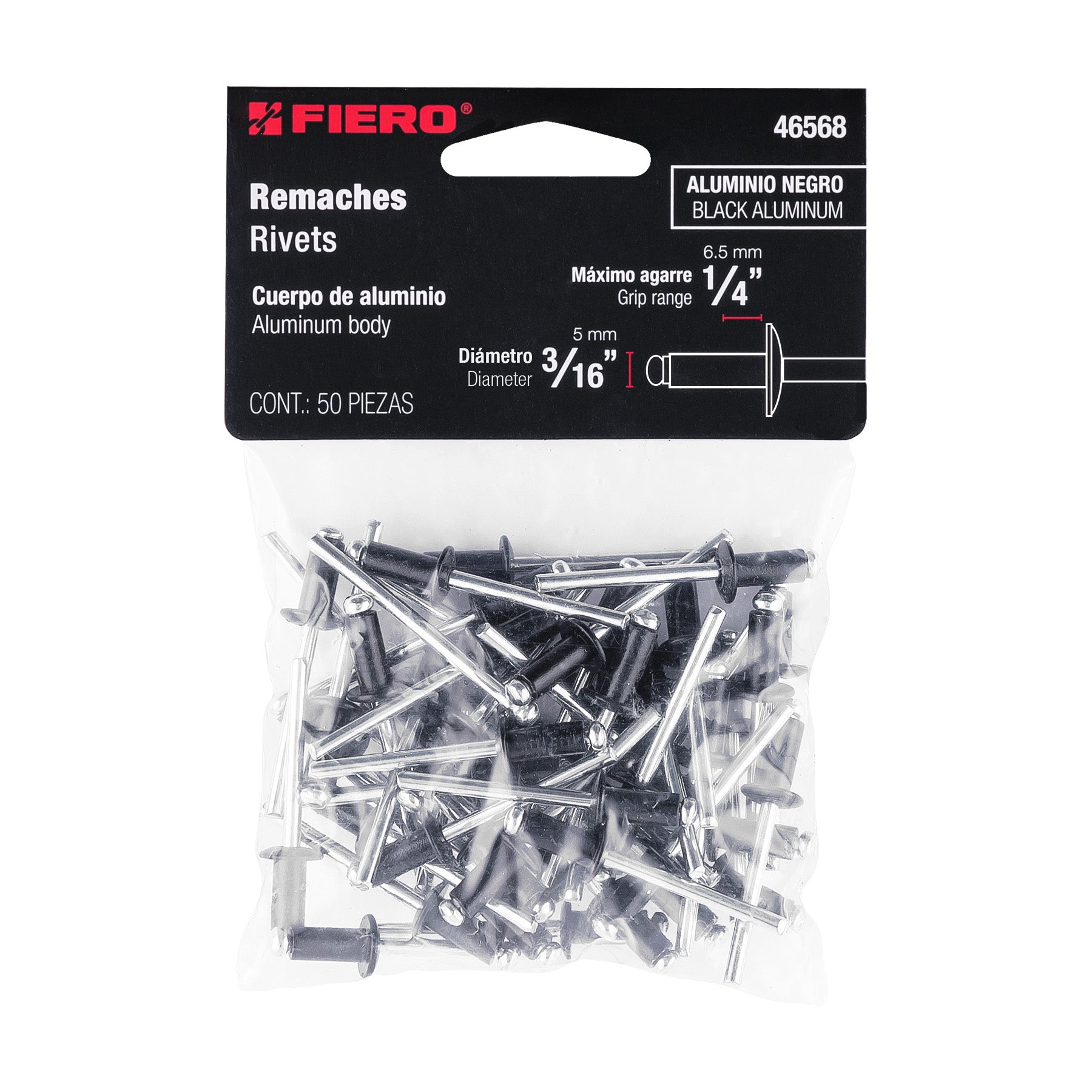 Bolsa c/50 remaches 3/16"x1/4" negros de aluminio, ala 3/8"
