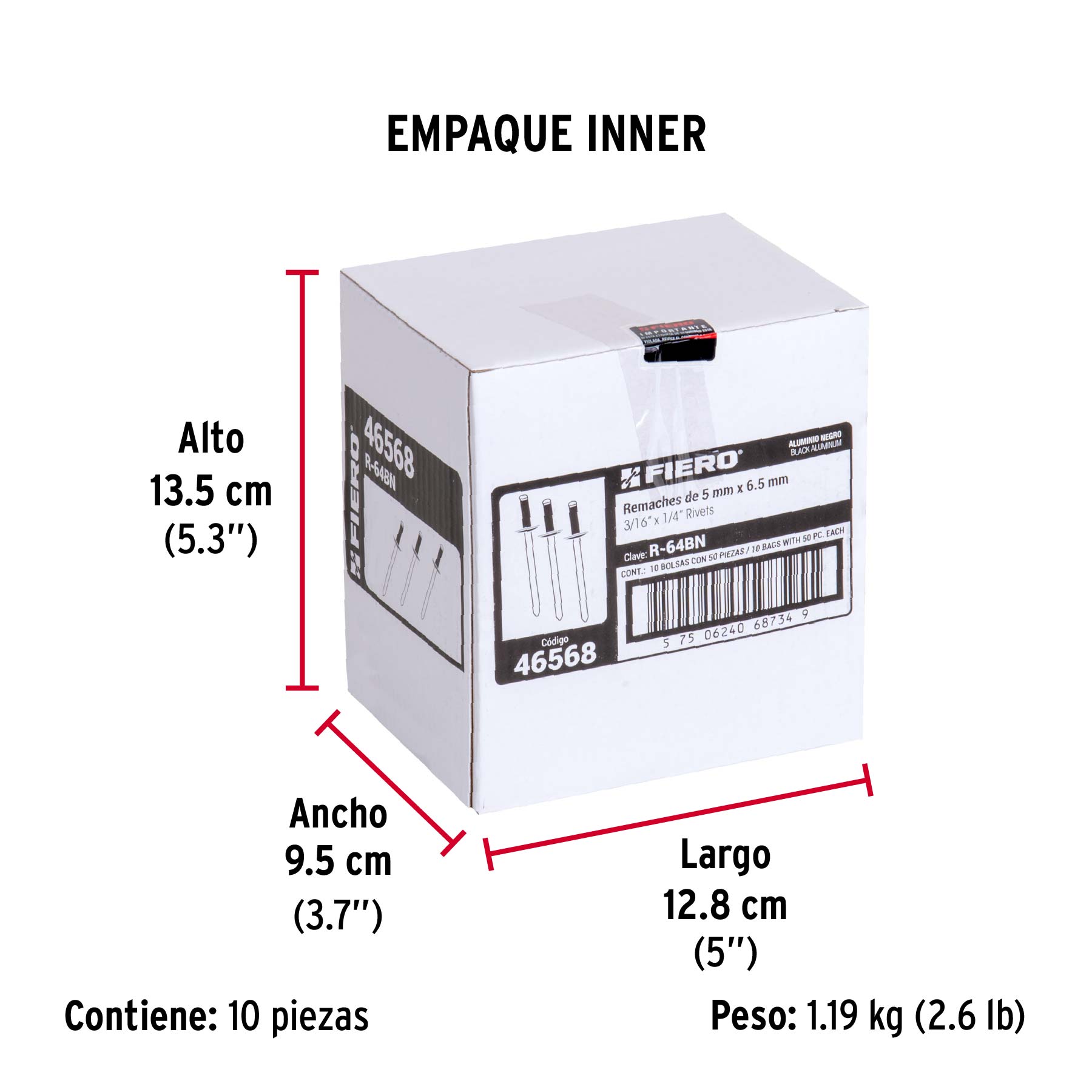 Bolsa c/50 remaches 3/16"x1/4" negros de aluminio, ala 3/8" - Empaque