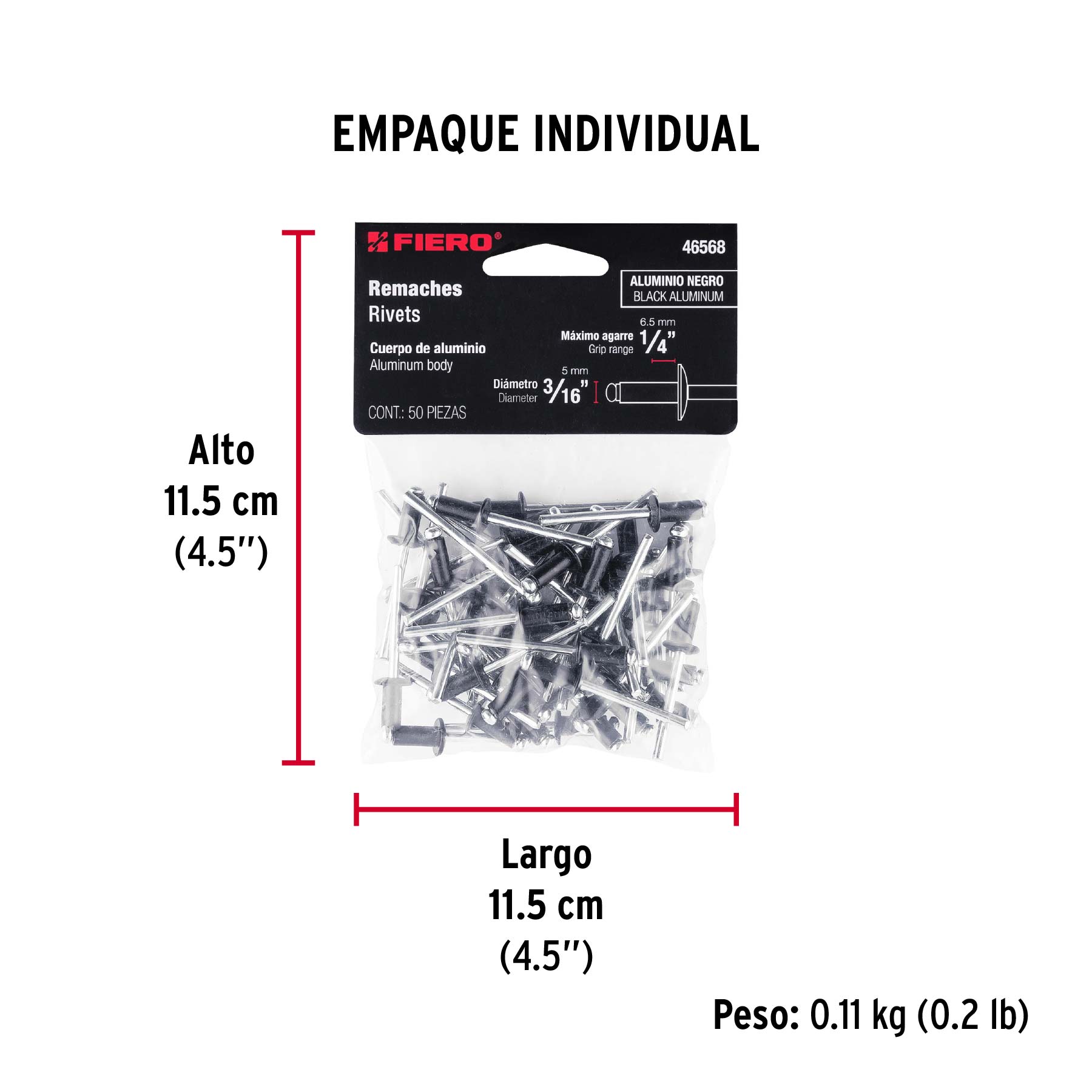 Bolsa c/50 remaches 3/16"x1/4" negros de aluminio, ala 3/8" - Empaque