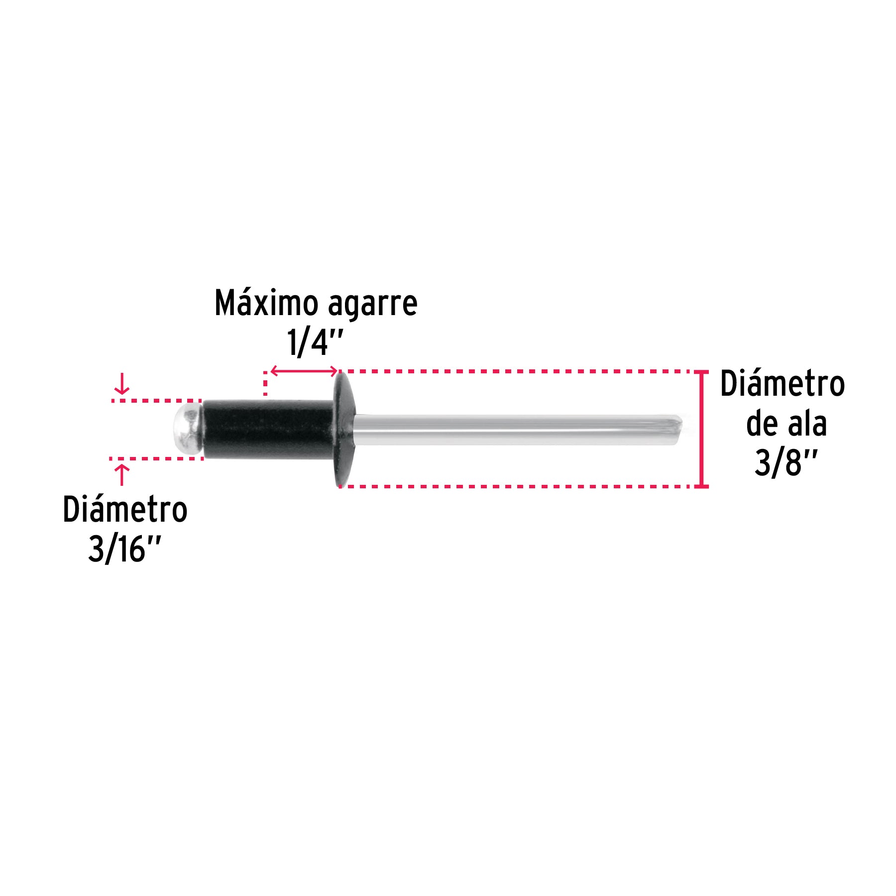 Bolsa c/50 remaches 3/16"x1/4" negros de aluminio, ala 3/8"