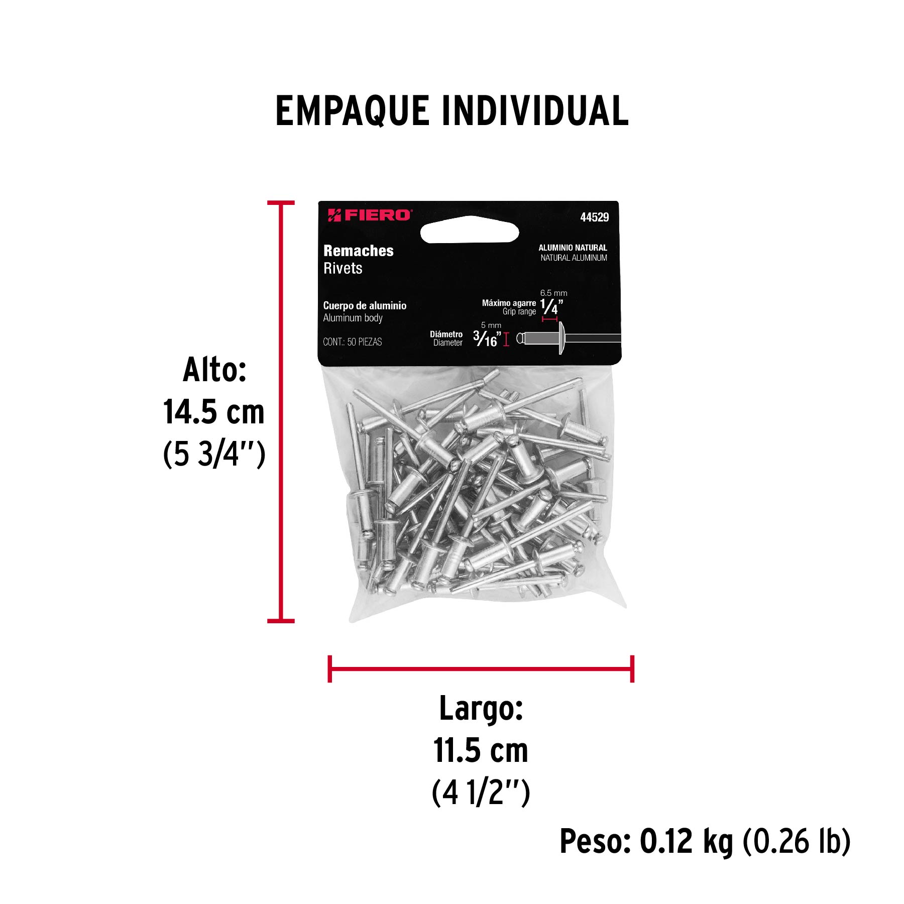 Bolsa con 50 remaches 3/16" x 1/4" de aluminio, ala 3/8" - Empaque