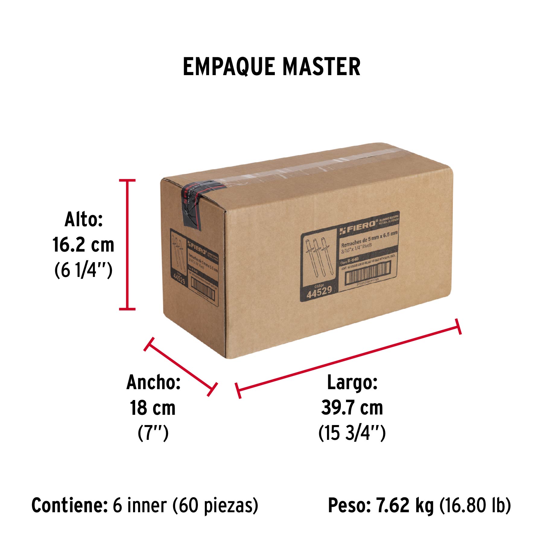 Bolsa con 50 remaches 3/16" x 1/4" de aluminio, ala 3/8" - Empaque