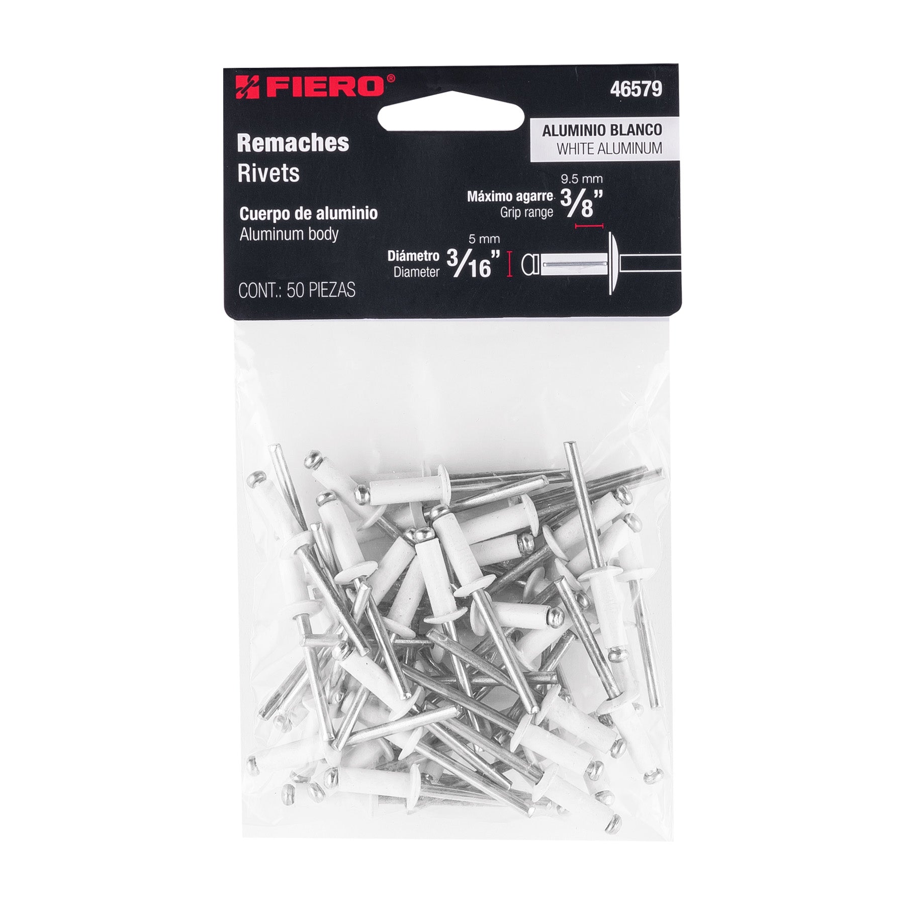Bolsa c/50 remaches 3/16"x3/8" blancos de aluminio, ala 3/8"