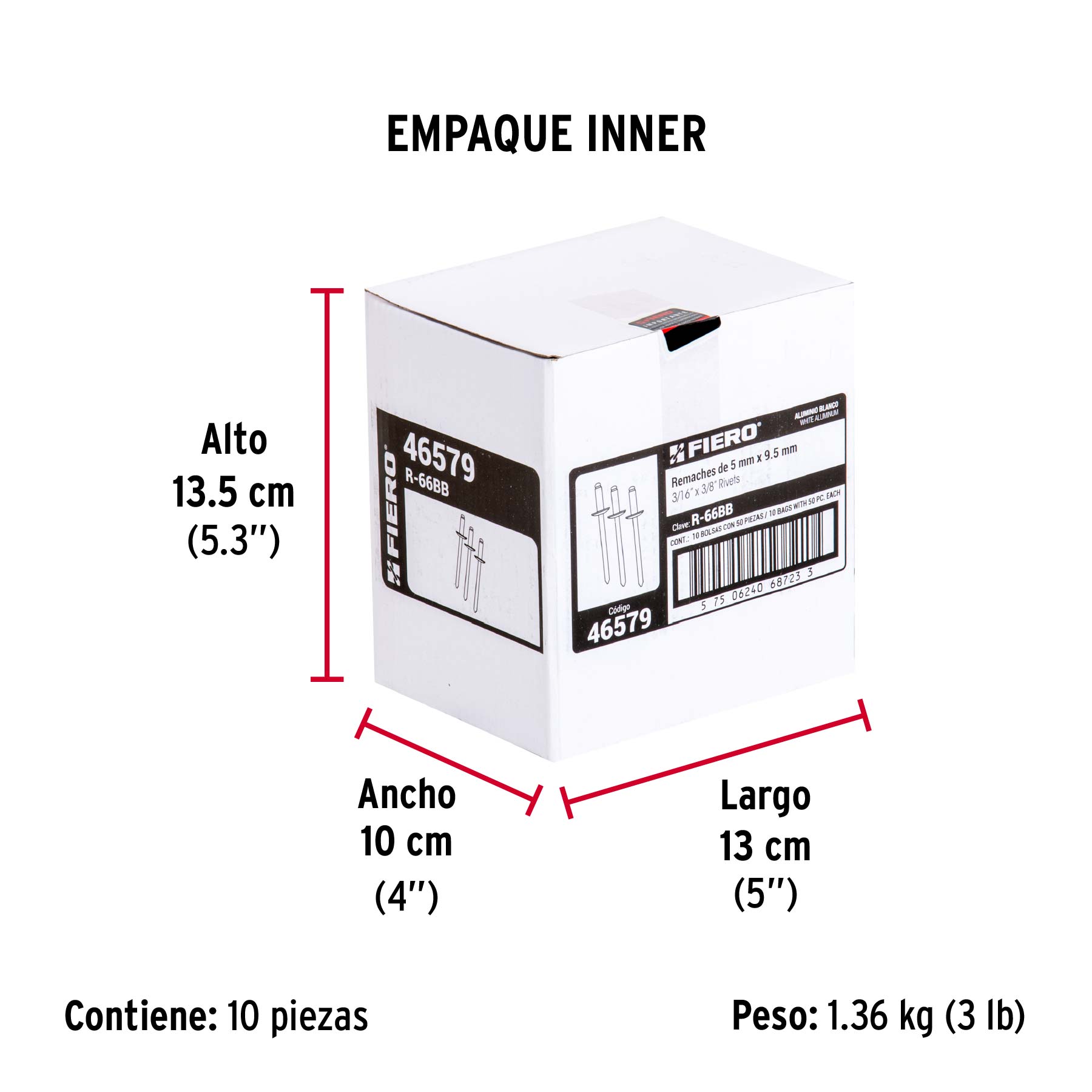 Bolsa c/50 remaches 3/16"x3/8" blancos de aluminio, ala 3/8" - Empaque