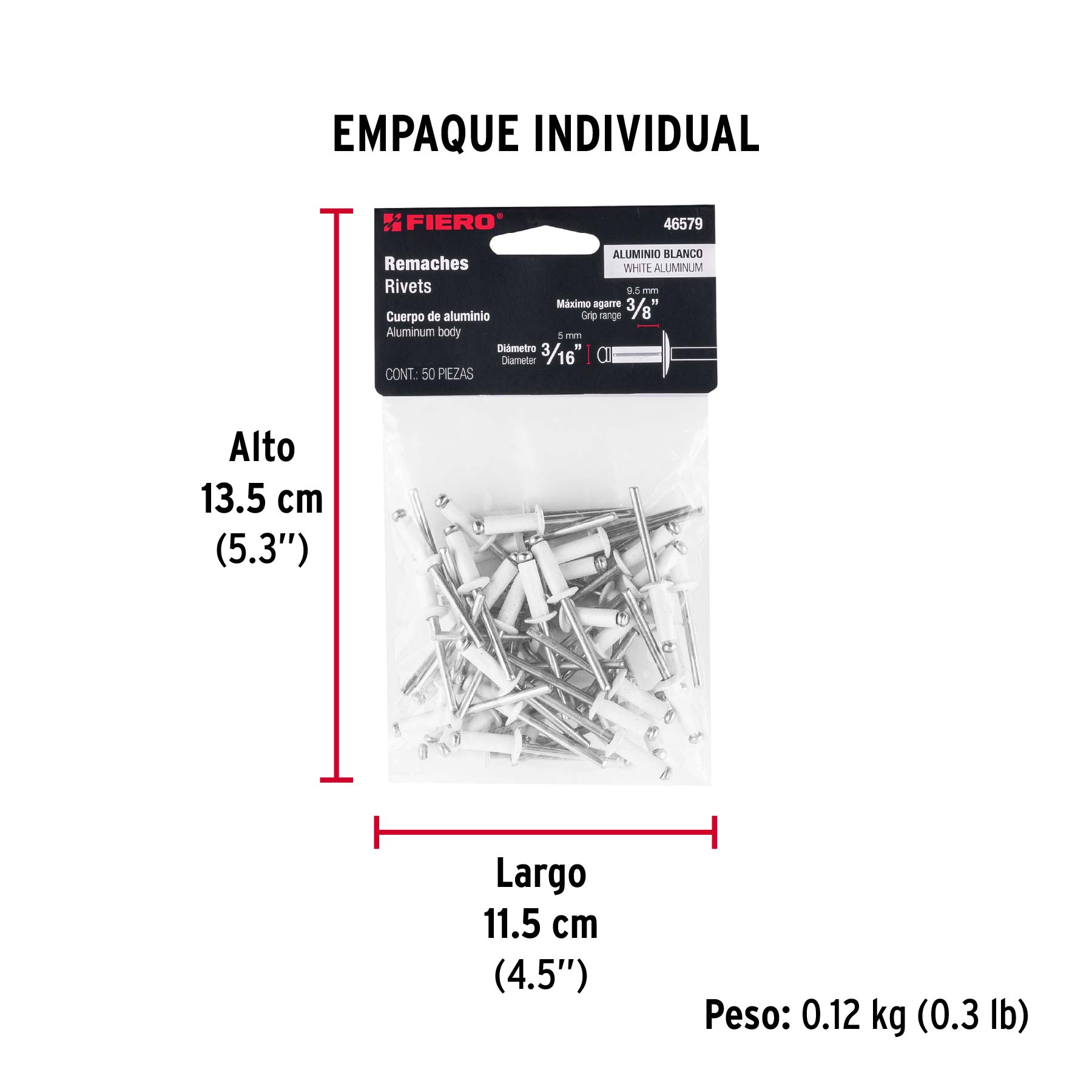 Bolsa c/50 remaches 3/16"x3/8" blancos de aluminio, ala 3/8" - Empaque