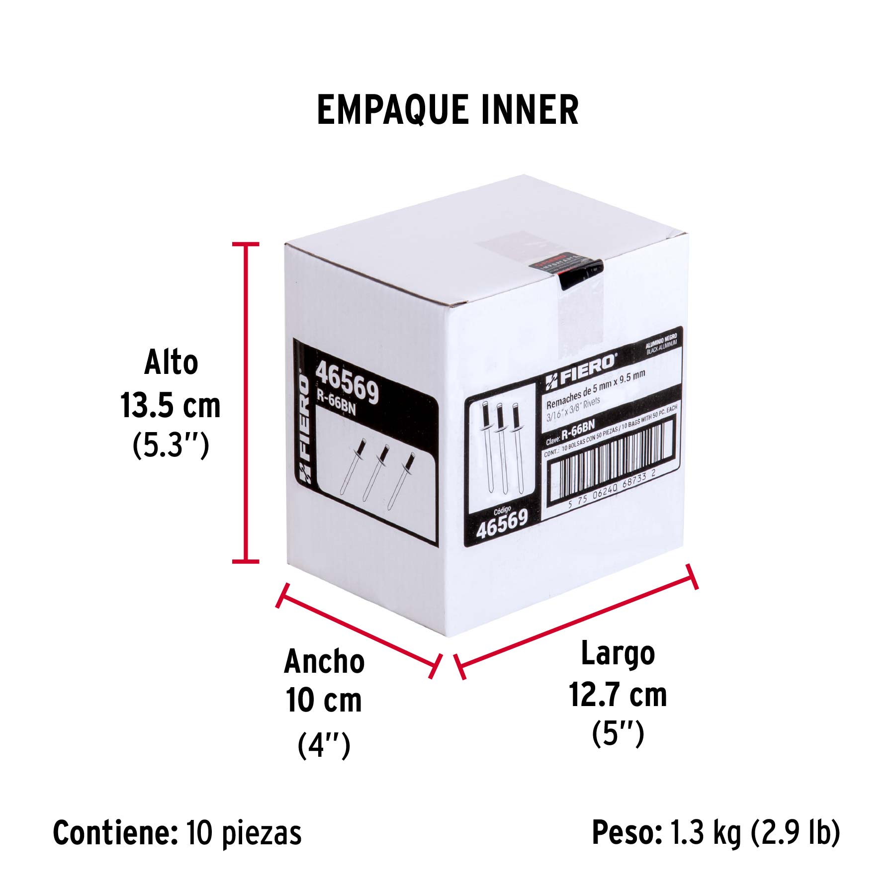 Bolsa c/50 remaches 3/16"x3/8" negros de aluminio, ala 3/8" - Empaque