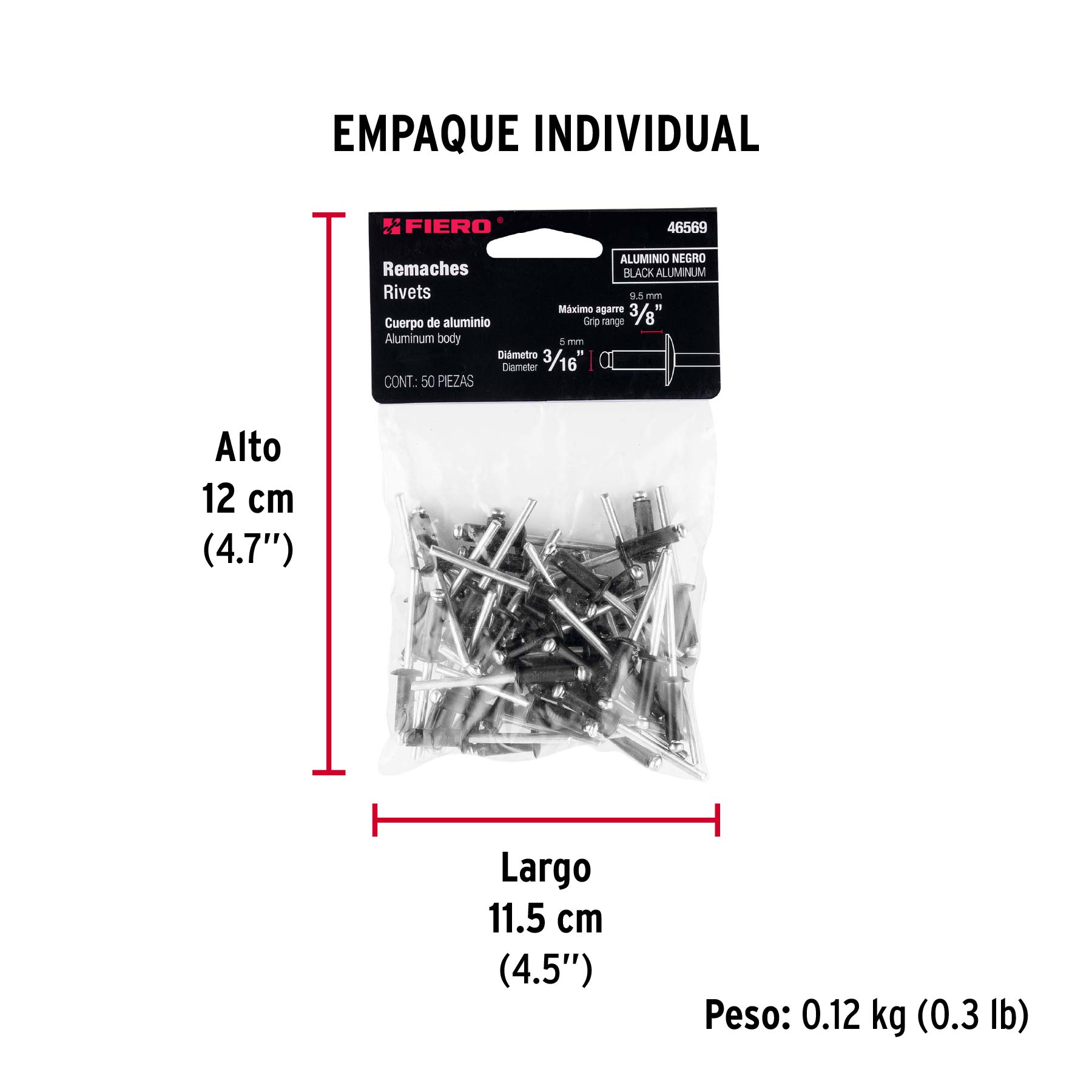 Bolsa c/50 remaches 3/16"x3/8" negros de aluminio, ala 3/8" - Empaque