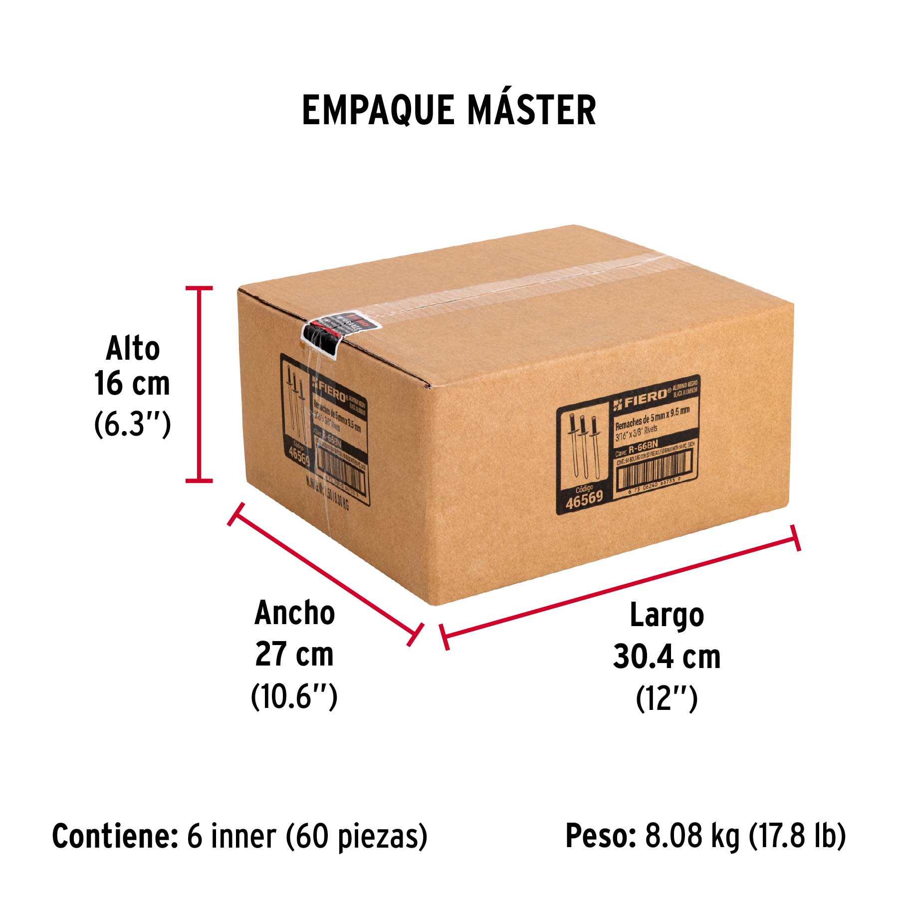 Bolsa c/50 remaches 3/16"x3/8" negros de aluminio, ala 3/8" - Empaque