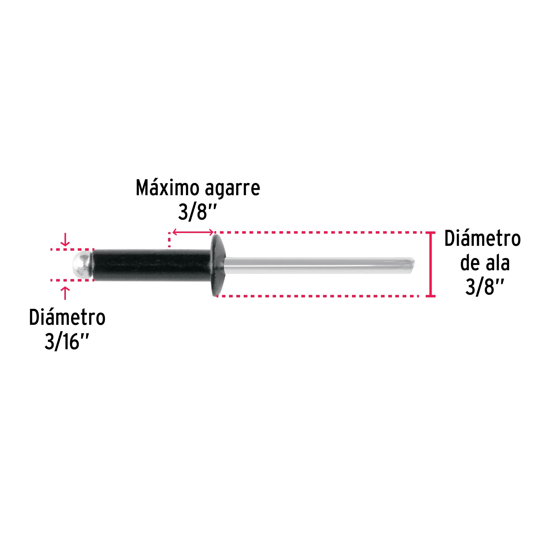 Bolsa c/50 remaches 3/16"x3/8" negros de aluminio, ala 3/8"