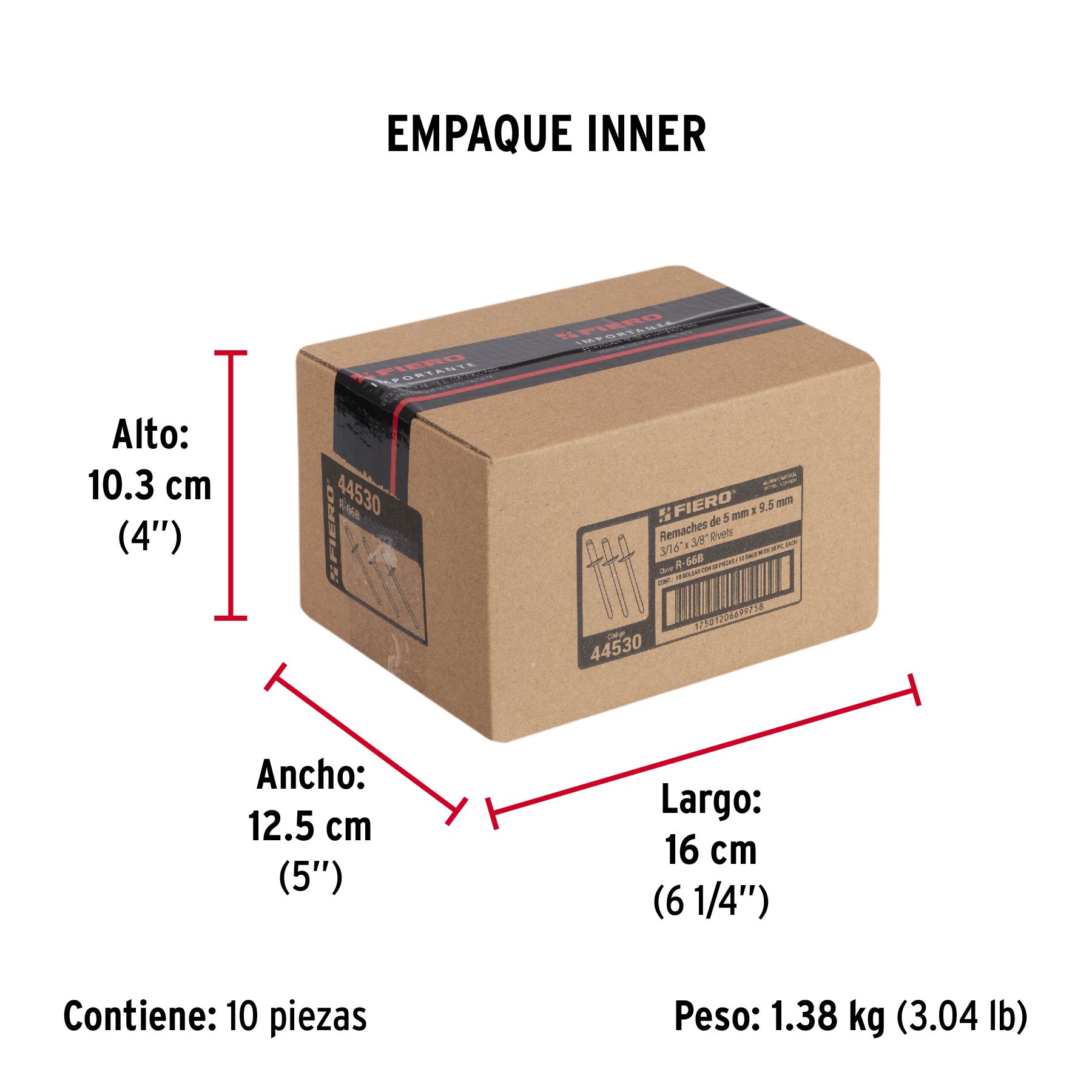 Bolsa con 50 remaches 3/16" x 3/8" de aluminio, ala 3/8" - Empaque