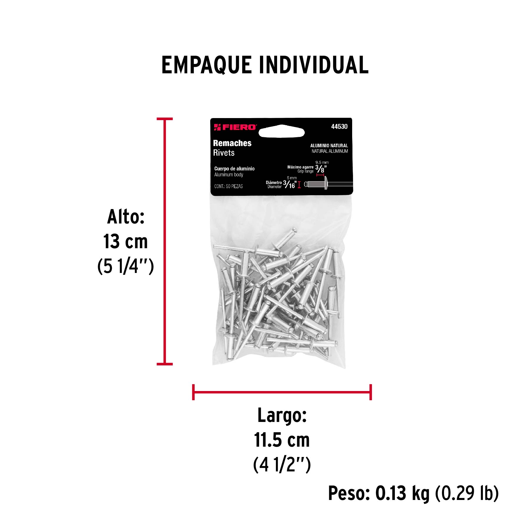 Bolsa con 50 remaches 3/16" x 3/8" de aluminio, ala 3/8" - Empaque