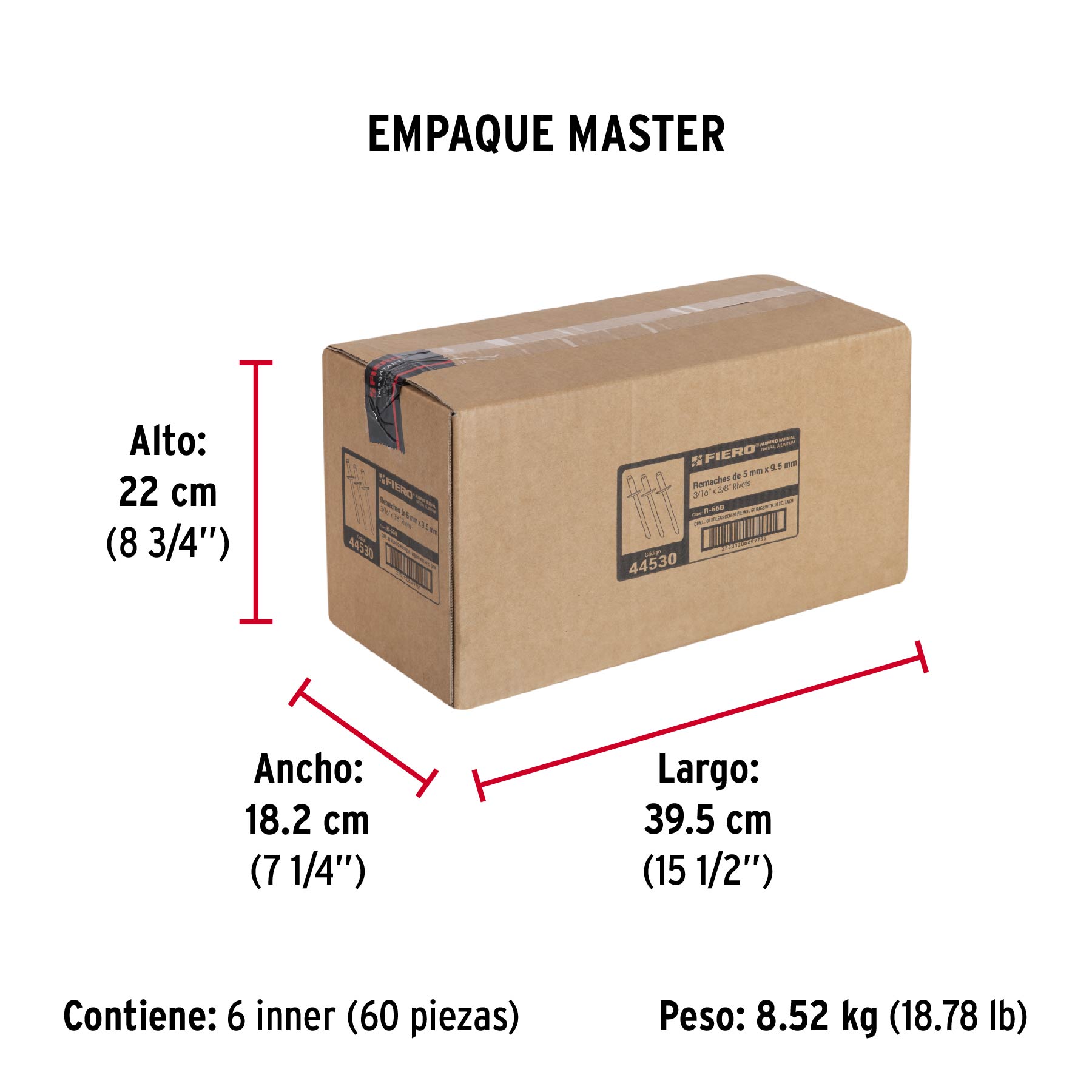 Bolsa con 50 remaches 3/16" x 3/8" de aluminio, ala 3/8" - Empaque