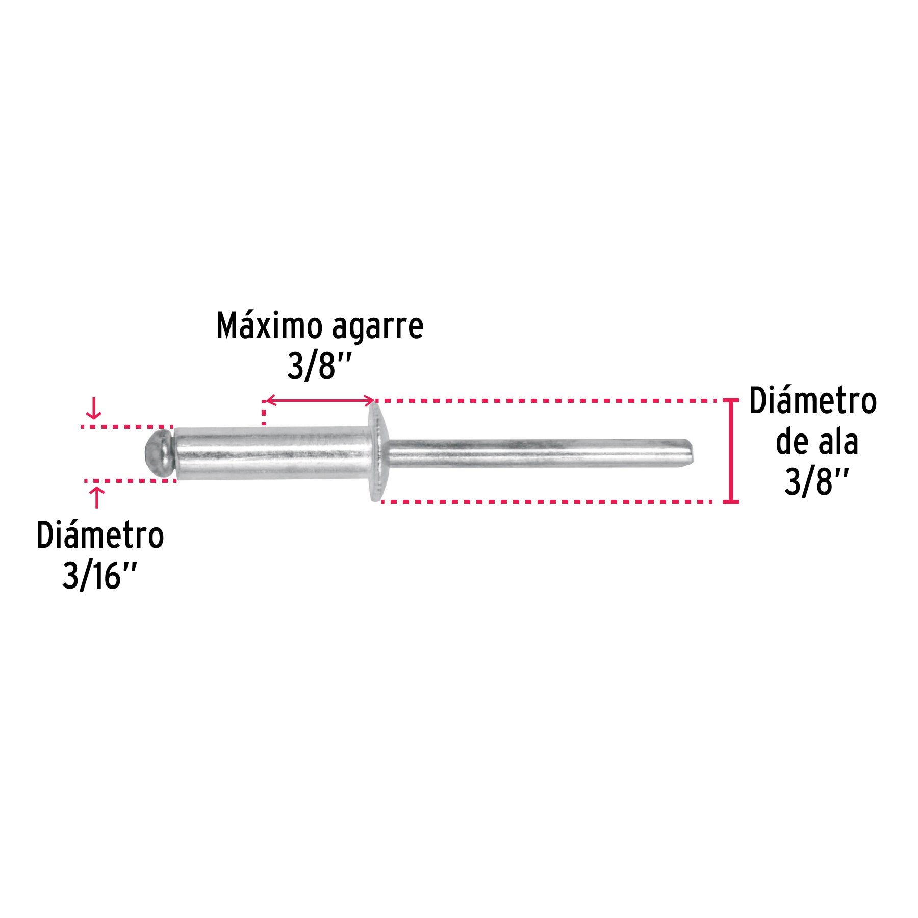 Bolsa con 50 remaches 3/16" x 3/8" de aluminio, ala 3/8"
