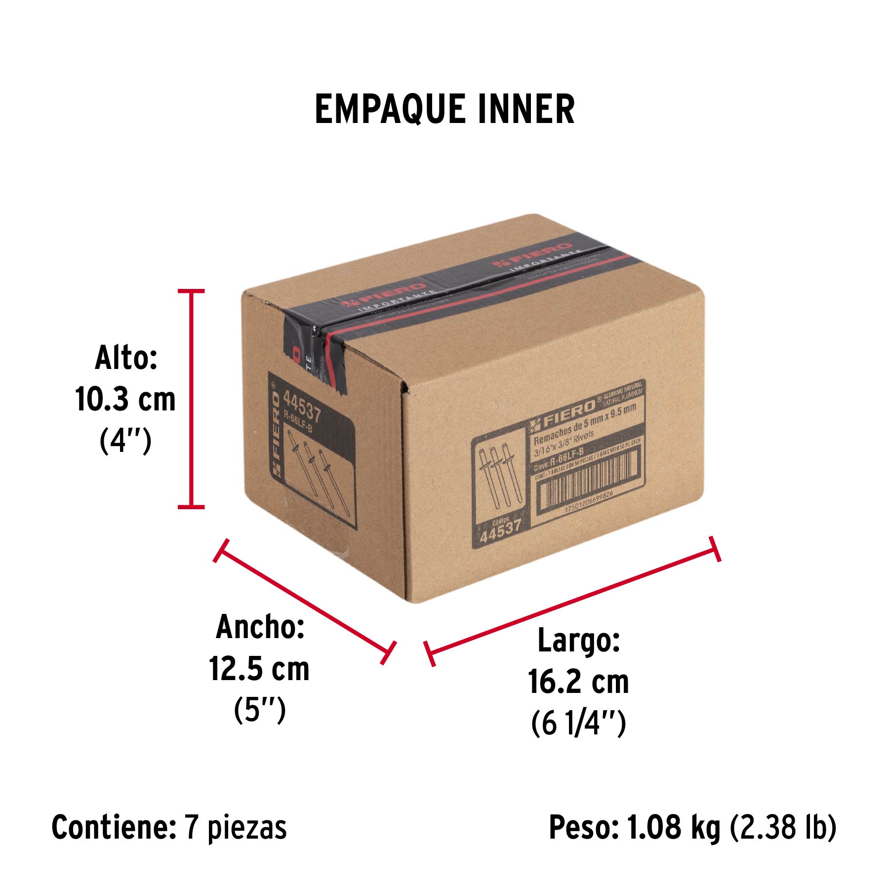 Bolsa con 50 remaches 3/16" x 3/8" de aluminio, ala 17/32" - Empaque