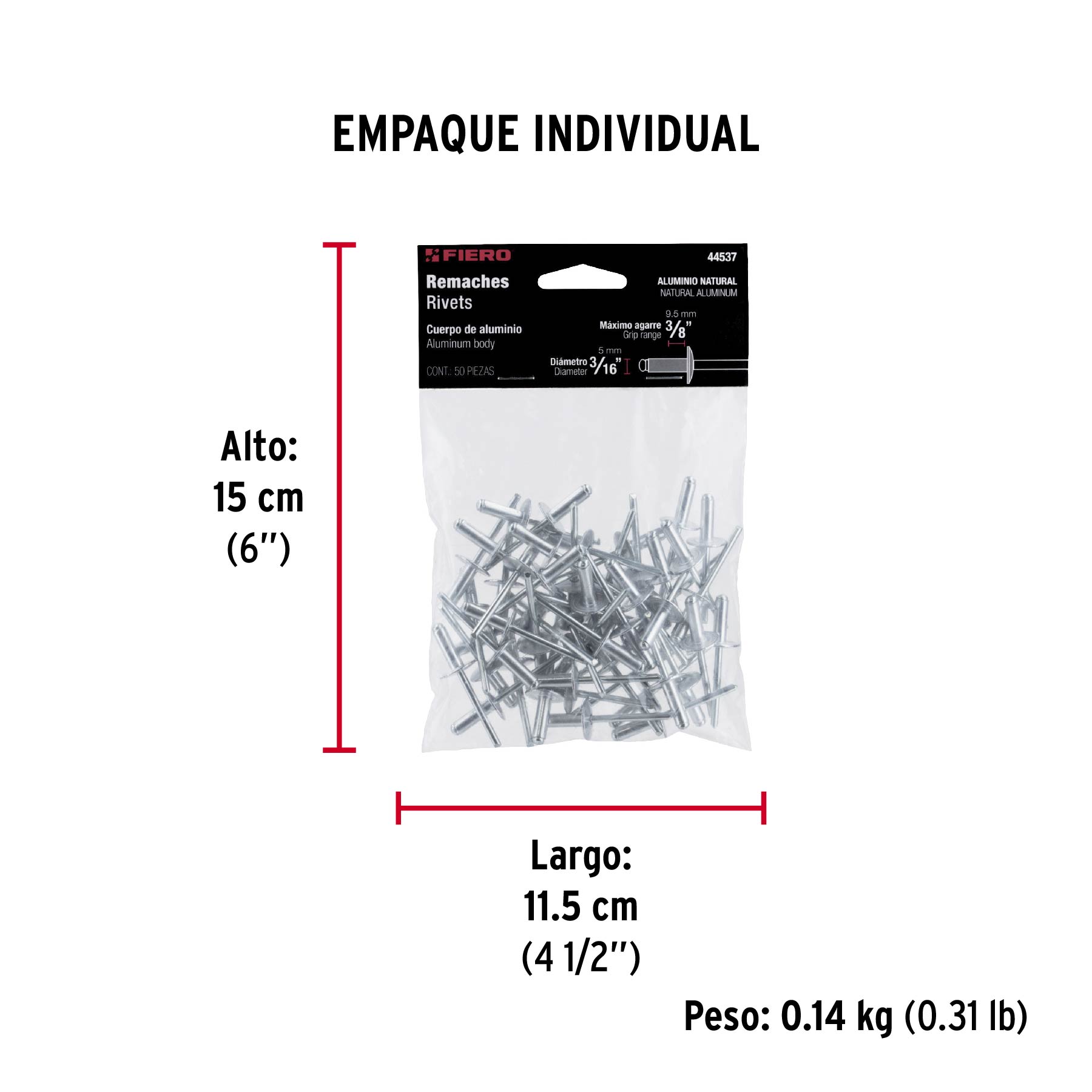 Bolsa con 50 remaches 3/16" x 3/8" de aluminio, ala 17/32" - Empaque