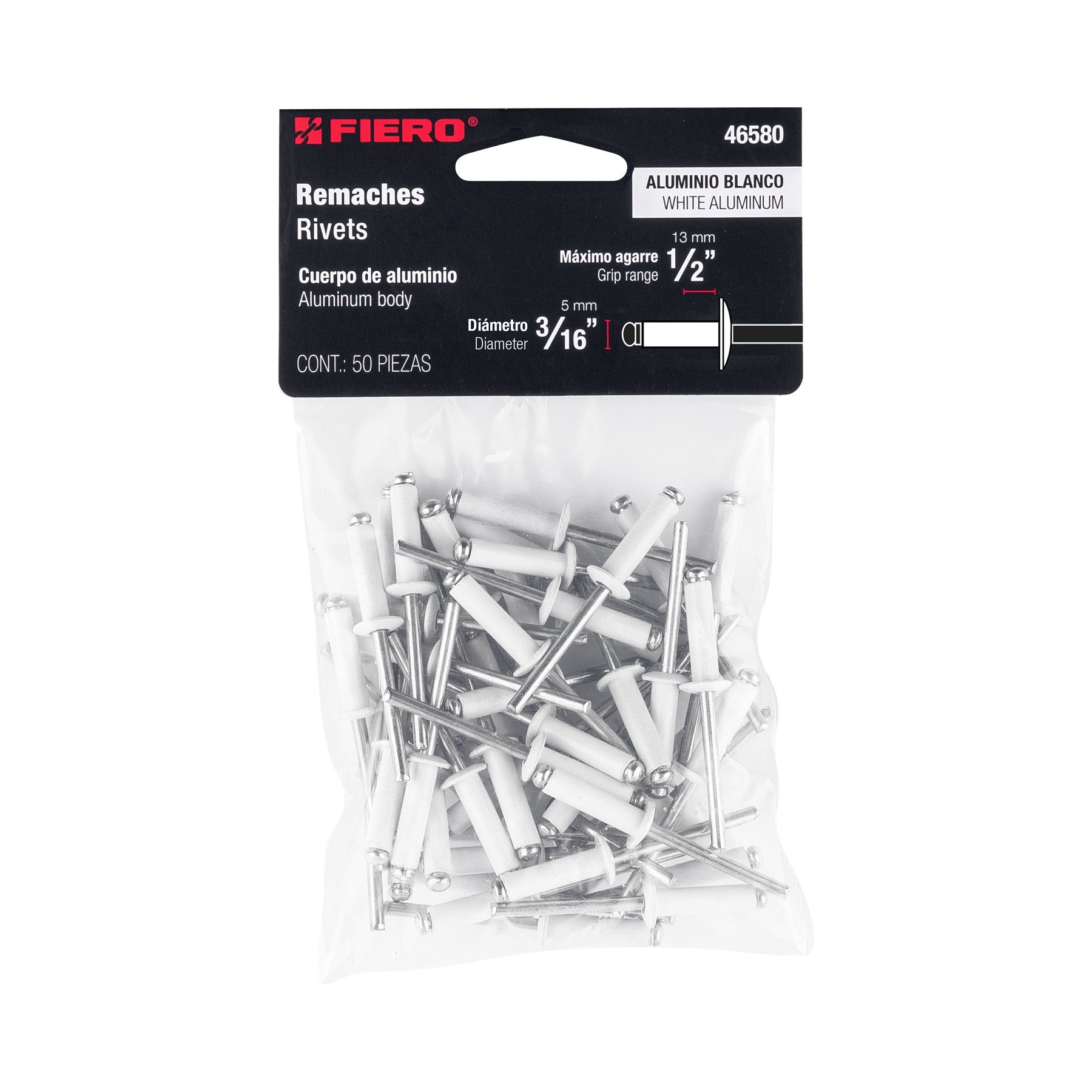 Bolsa c/50 remaches 3/16"x1/2" blancos de aluminio, ala 3/8"