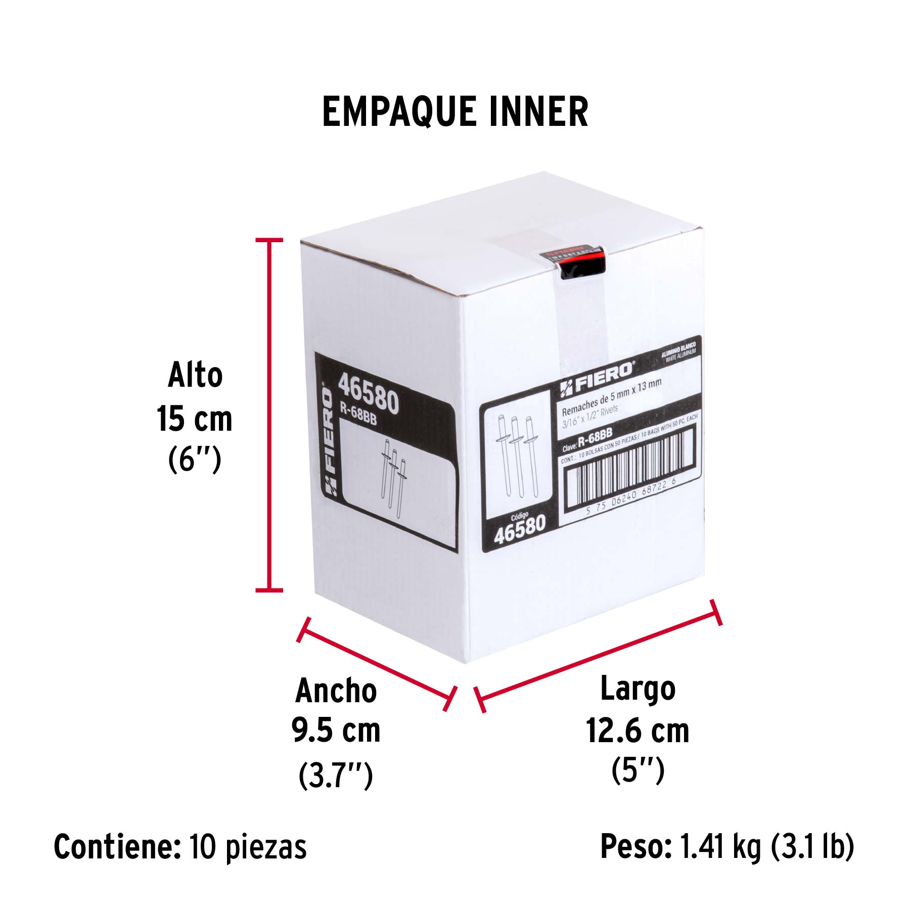 Bolsa c/50 remaches 3/16"x1/2" blancos de aluminio, ala 3/8" - Empaque