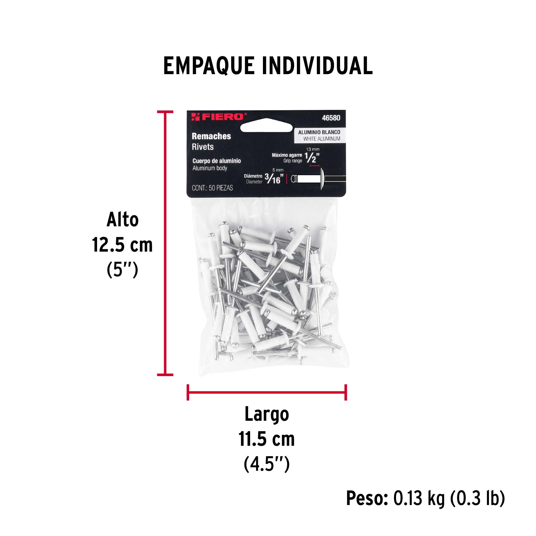 Bolsa c/50 remaches 3/16"x1/2" blancos de aluminio, ala 3/8" - Empaque