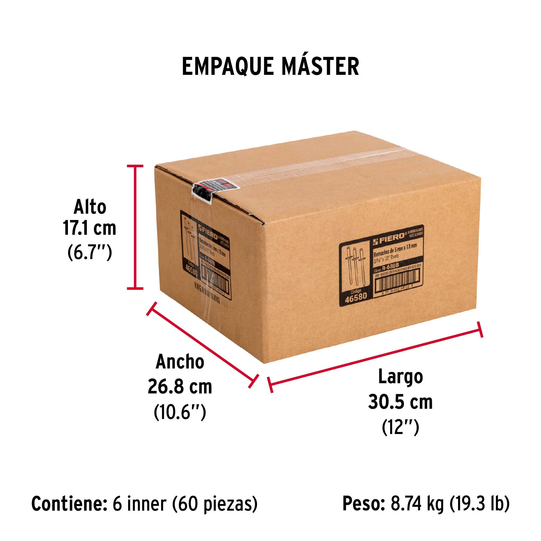 Bolsa c/50 remaches 3/16"x1/2" blancos de aluminio, ala 3/8" - Empaque