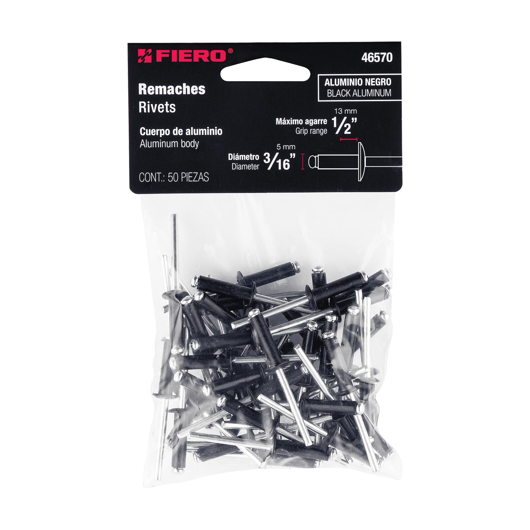 Bolsa c/50 remaches 3/16"x1/2" negros de aluminio, ala 3/8"