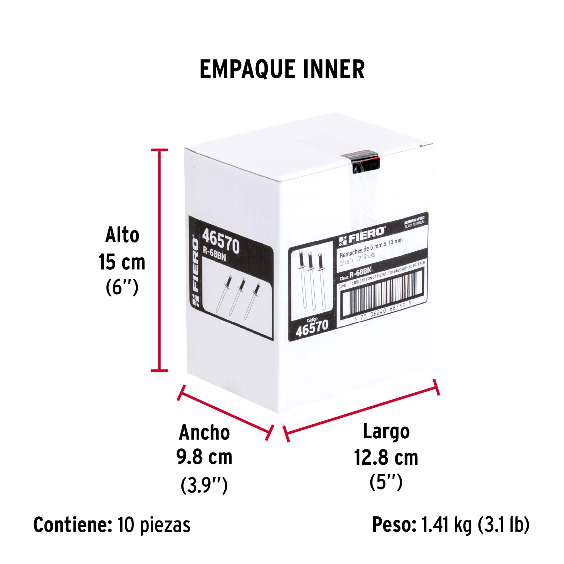 Bolsa c/50 remaches 3/16"x1/2" negros de aluminio, ala 3/8" - Empaque