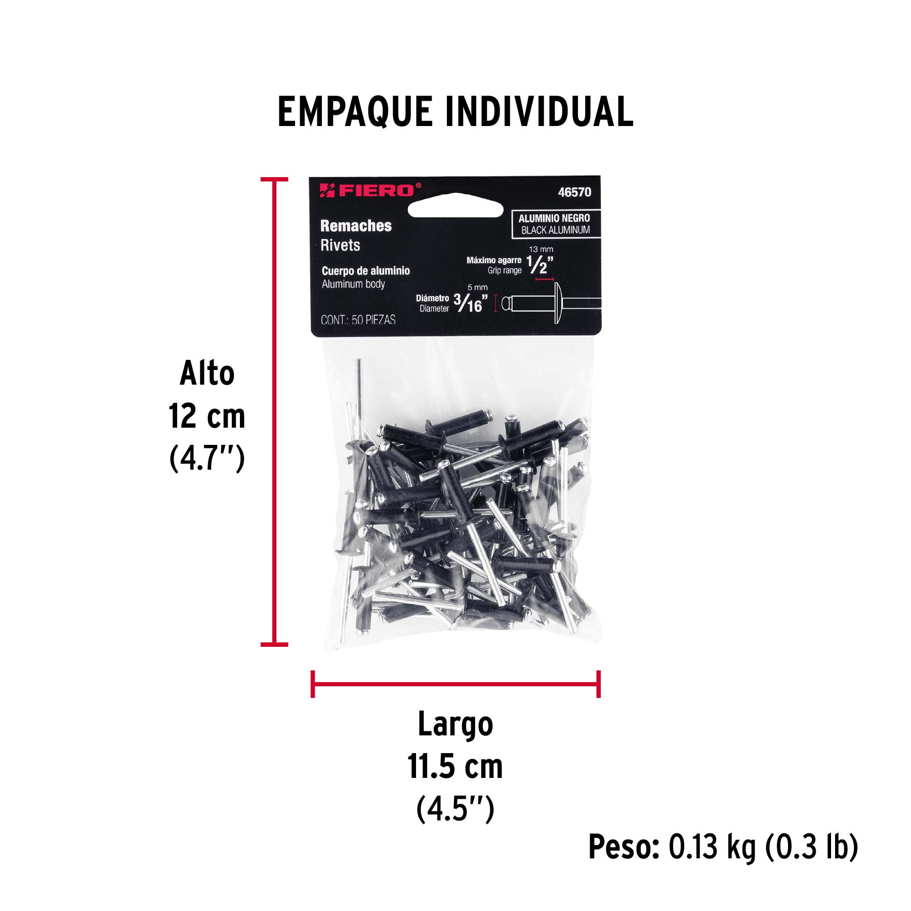 Bolsa c/50 remaches 3/16"x1/2" negros de aluminio, ala 3/8" - Empaque