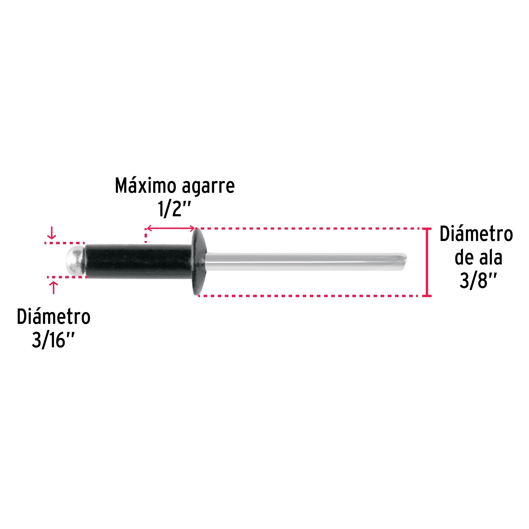 Bolsa c/50 remaches 3/16"x1/2" negros de aluminio, ala 3/8"