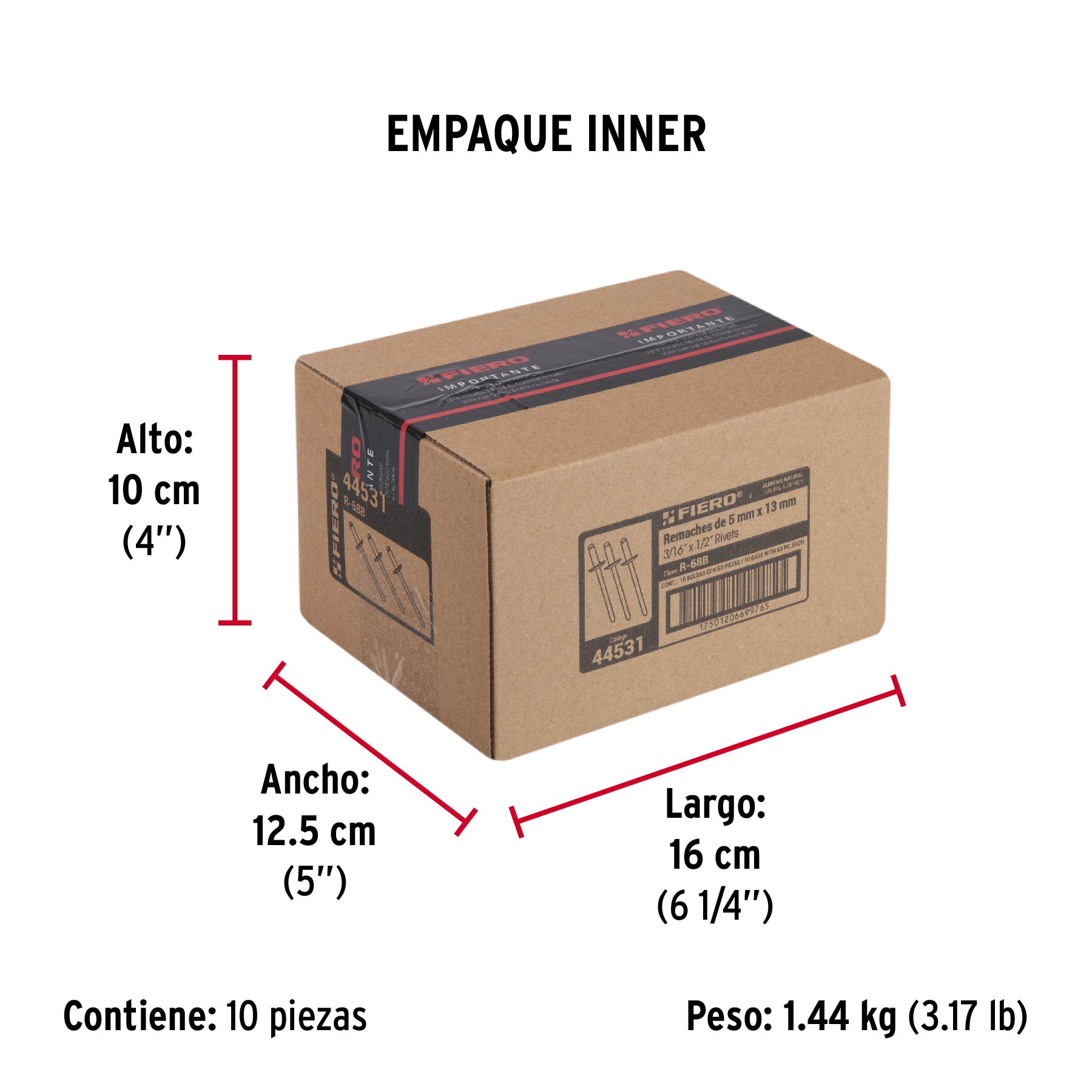 Bolsa con 50 remaches 3/16" x 1/2" de aluminio, ala 3/8" - Empaque