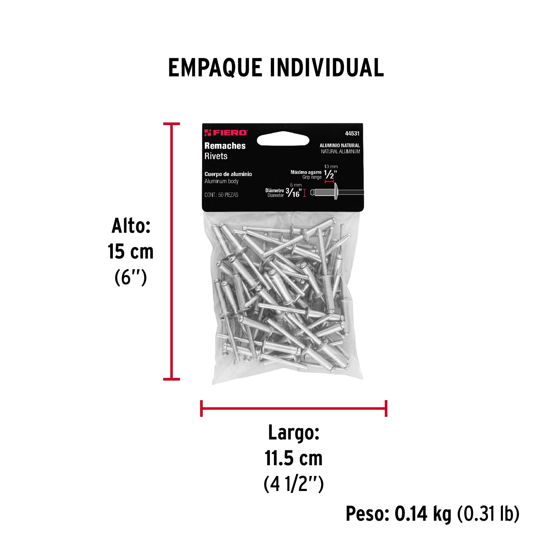 Bolsa con 50 remaches 3/16" x 1/2" de aluminio, ala 3/8" - Empaque