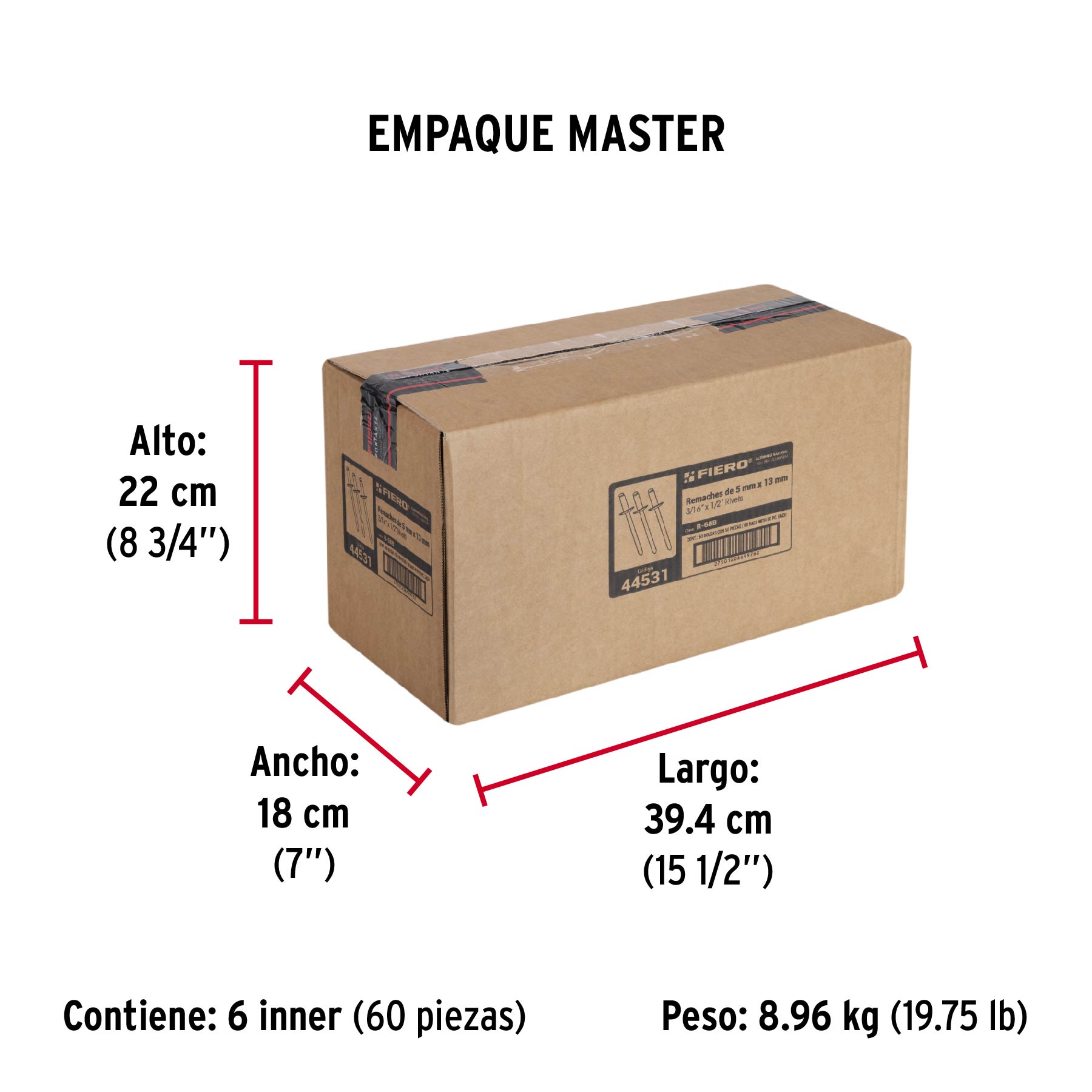 Bolsa con 50 remaches 3/16" x 1/2" de aluminio, ala 3/8" - Empaque