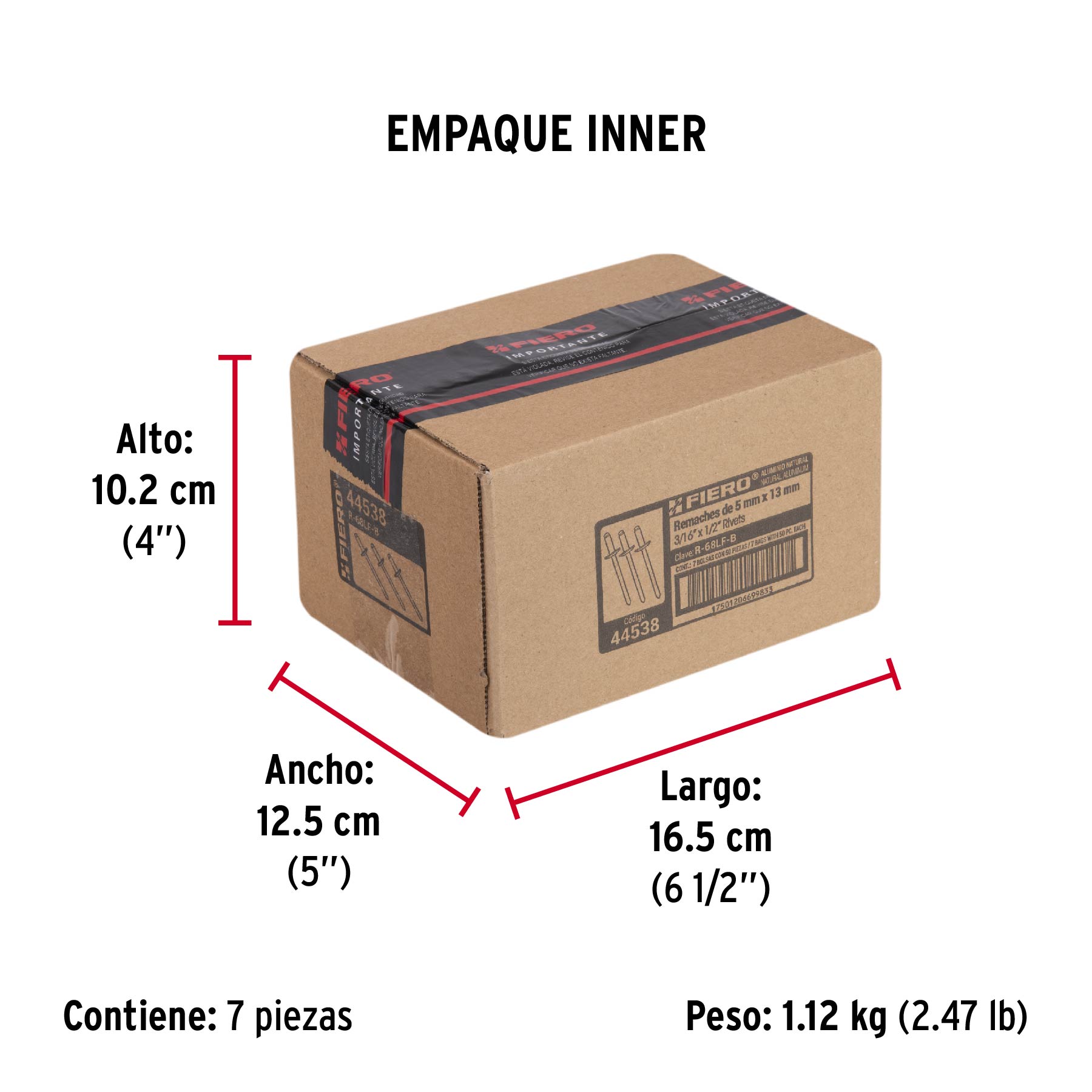 Bolsa con 50 remaches 3/16" x 1/2" de aluminio, ala 17/32" - Empaque