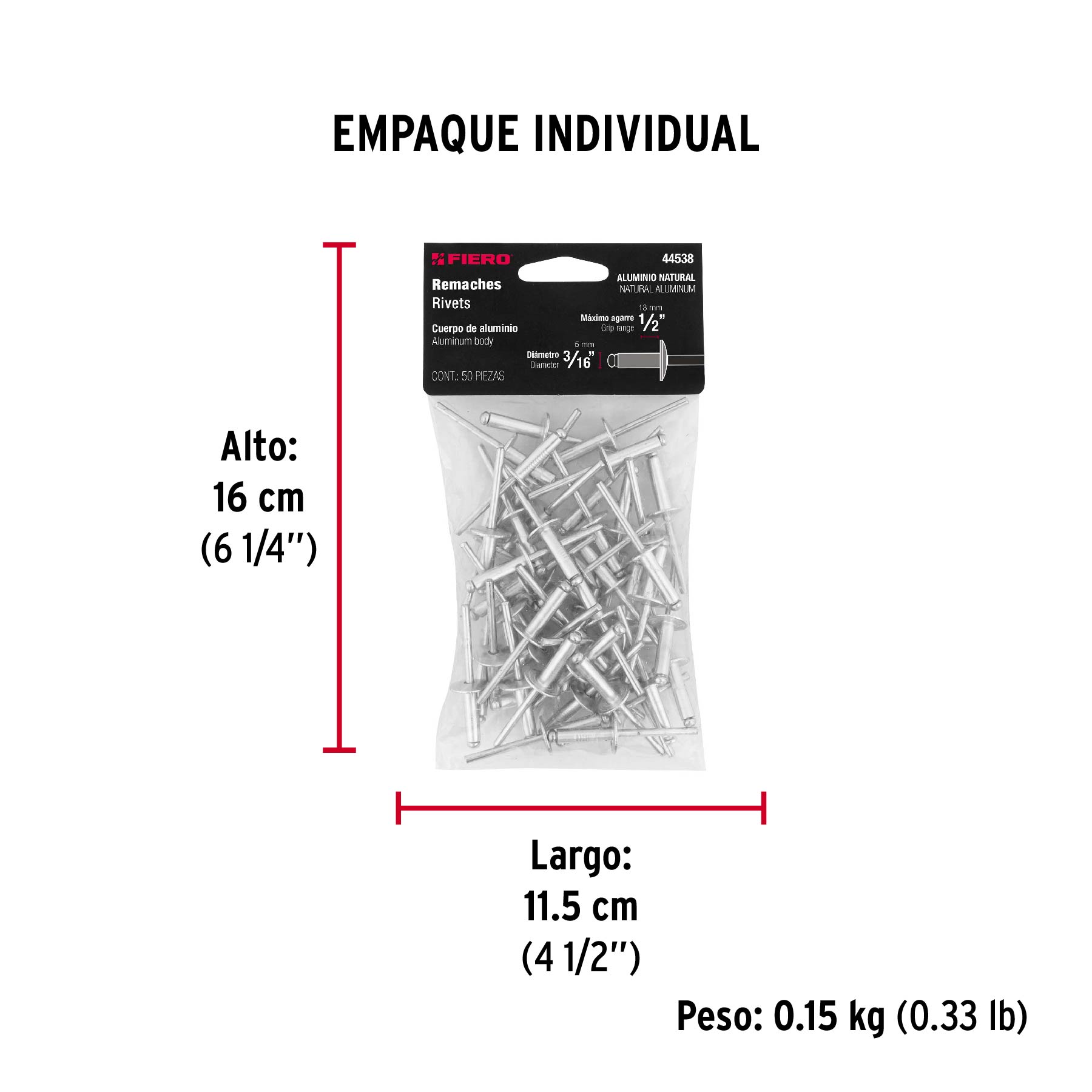Bolsa con 50 remaches 3/16" x 1/2" de aluminio, ala 17/32" - Empaque