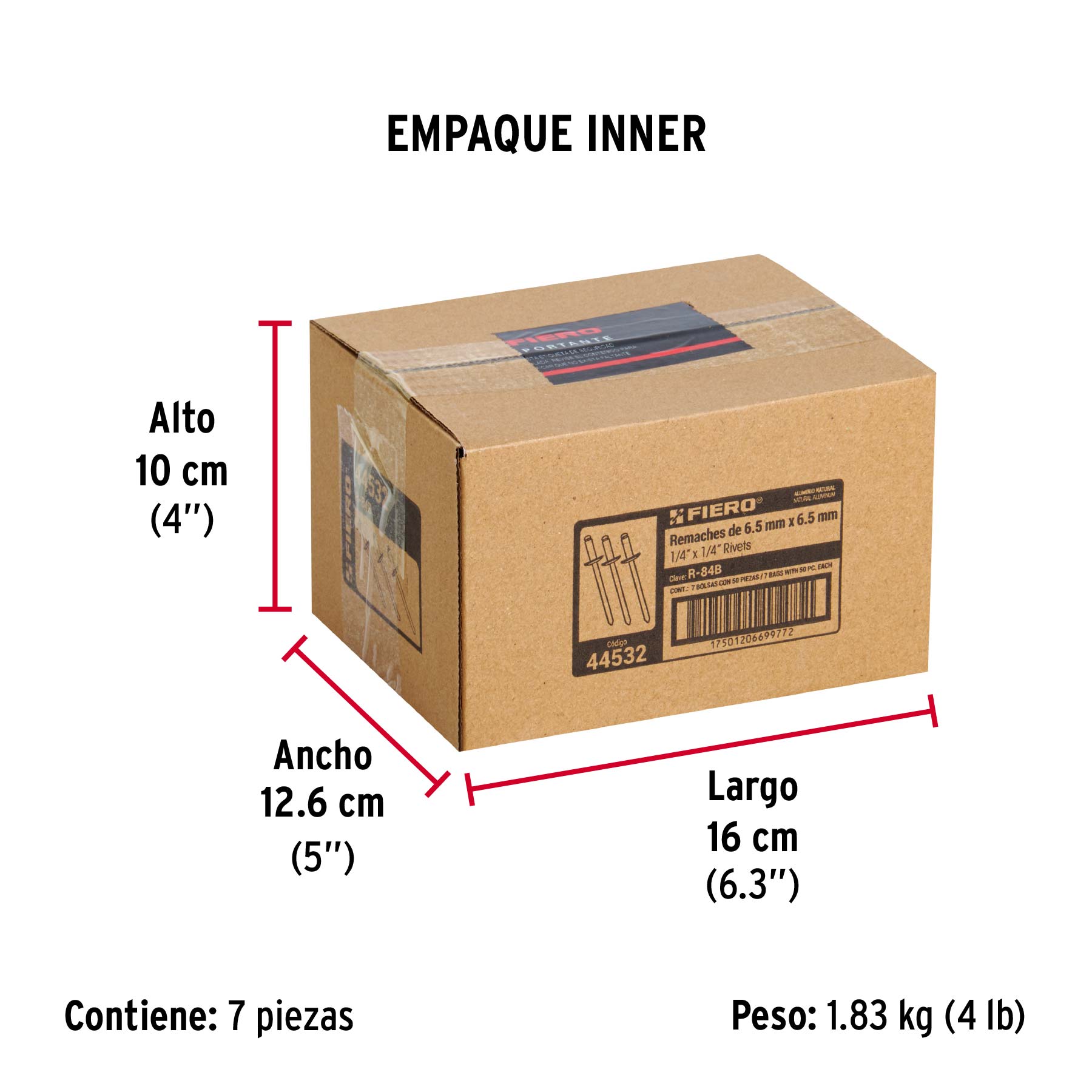 Bolsa con 50 remaches de 1/4" x 1/4" de aluminio, ala 1/2" - Empaque