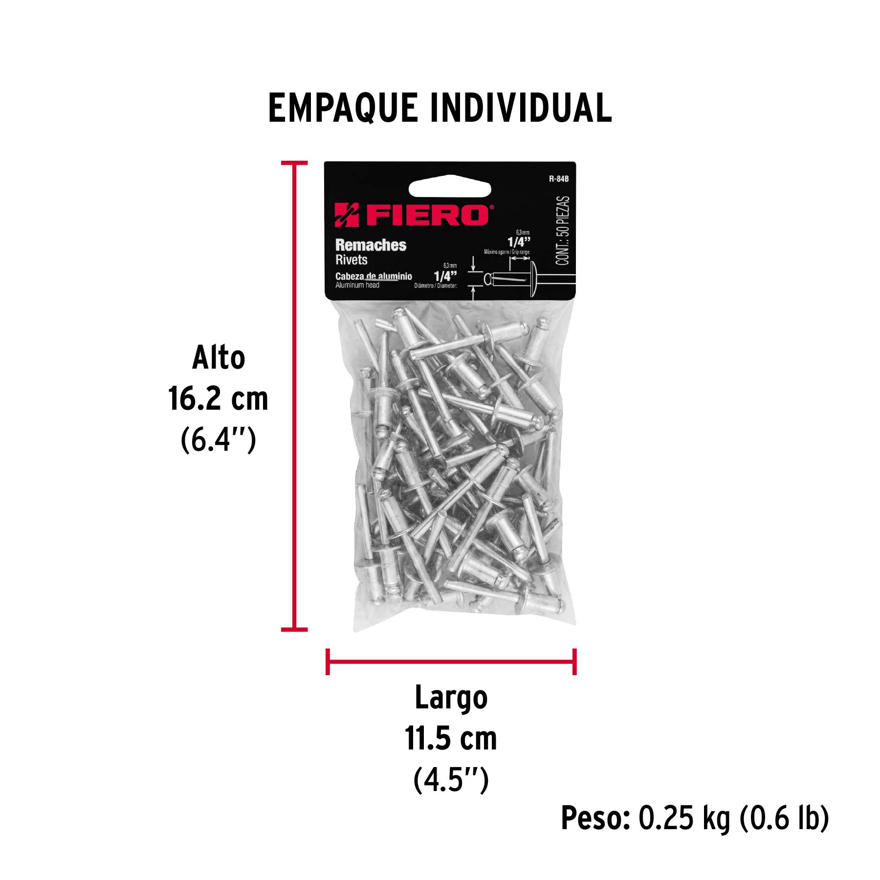 Bolsa con 50 remaches de 1/4" x 1/4" de aluminio, ala 1/2" - Empaque