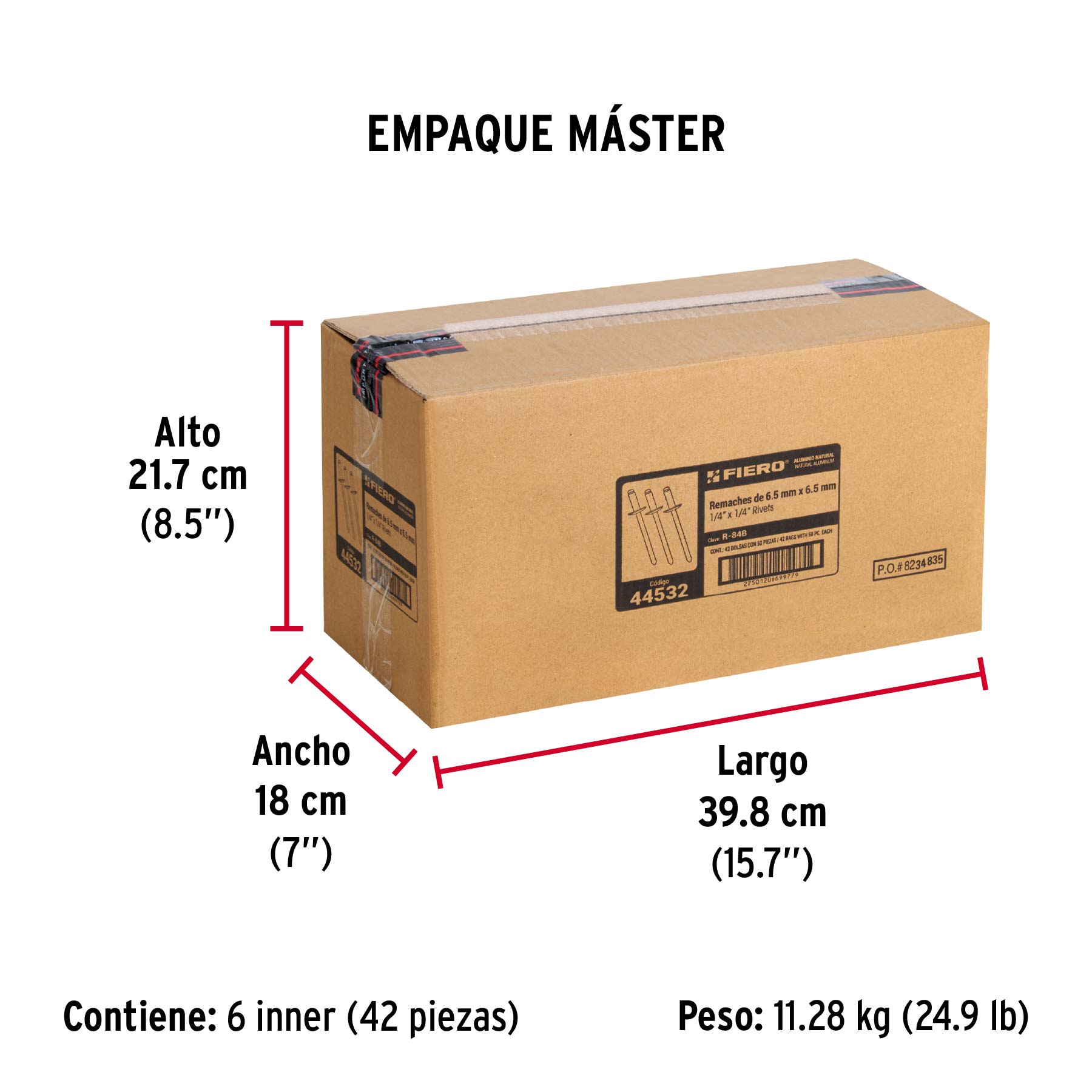Bolsa con 50 remaches de 1/4" x 1/4" de aluminio, ala 1/2" - Empaque