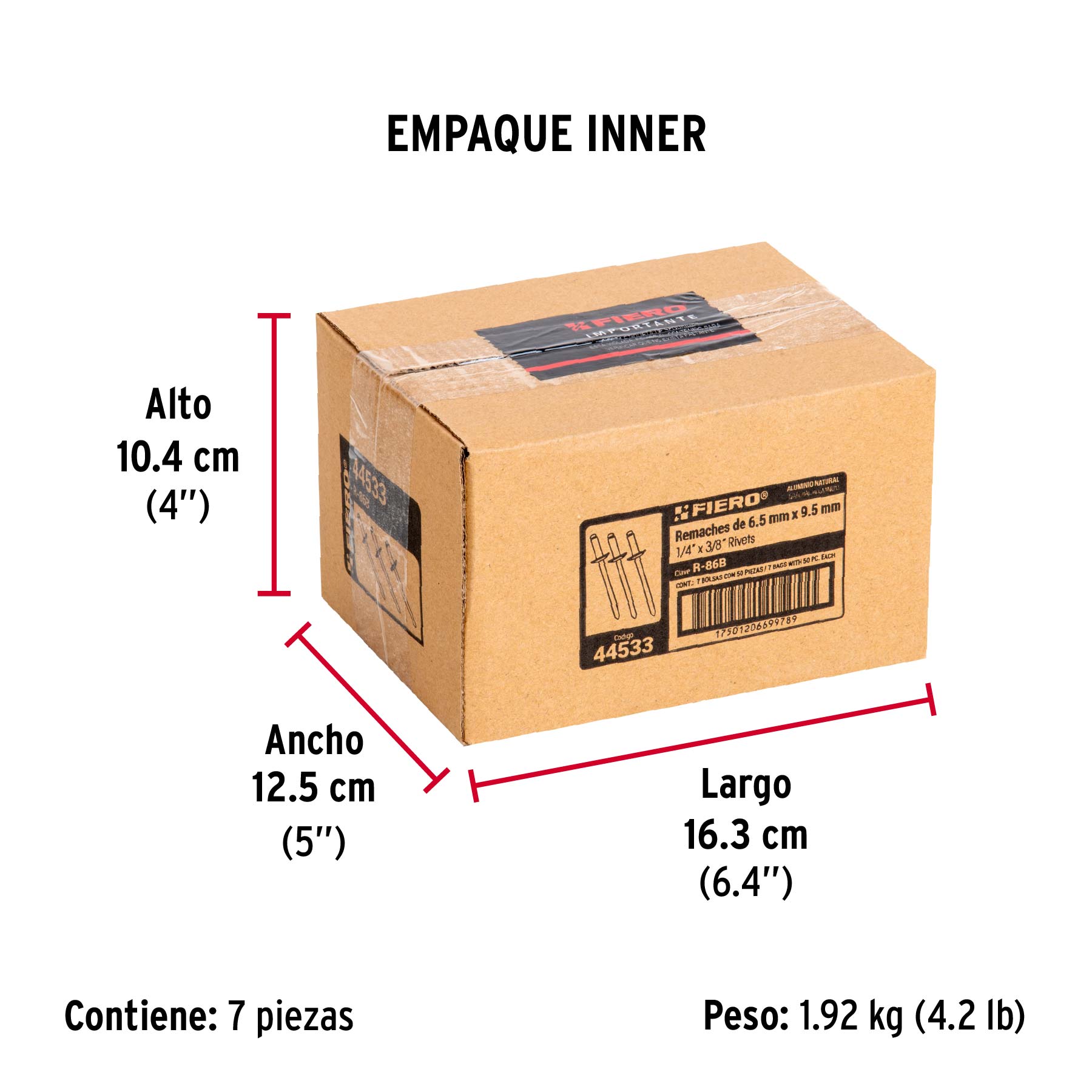 Bolsa con 50 remaches de 1/4" x 3/8" de aluminio, ala 1/2" - Empaque