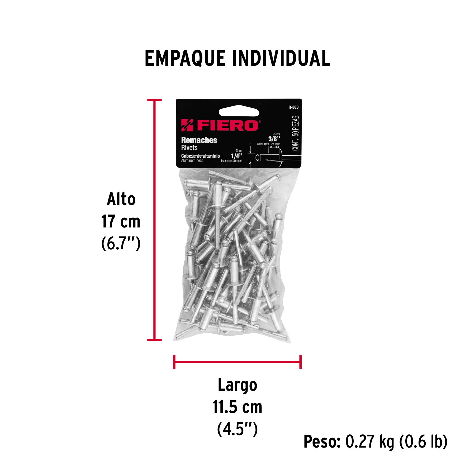 Bolsa con 50 remaches de 1/4" x 3/8" de aluminio, ala 1/2" - Empaque
