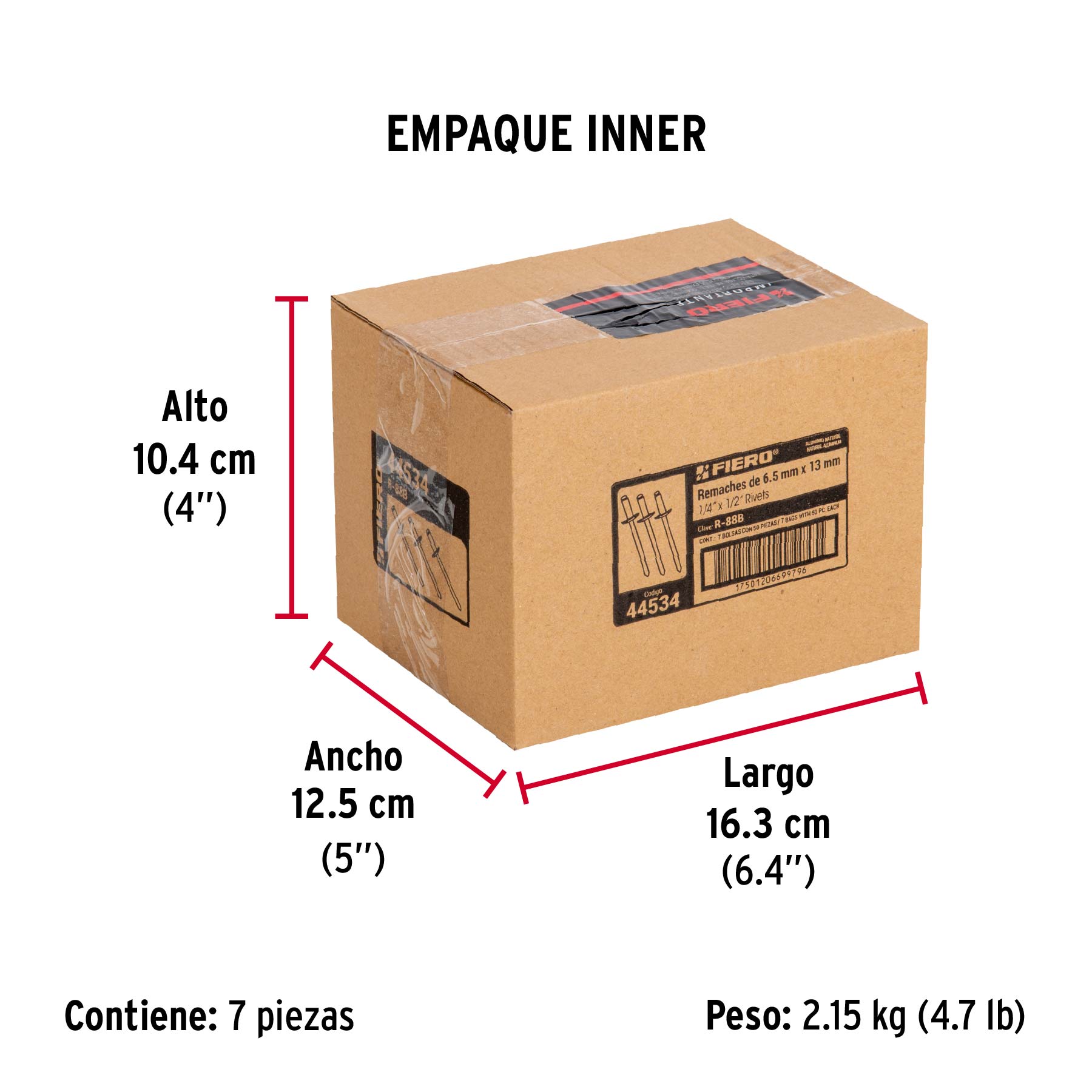 Bolsa con 50 remaches de 1/4" x 1/2" de aluminio, ala 1/2" - Empaque