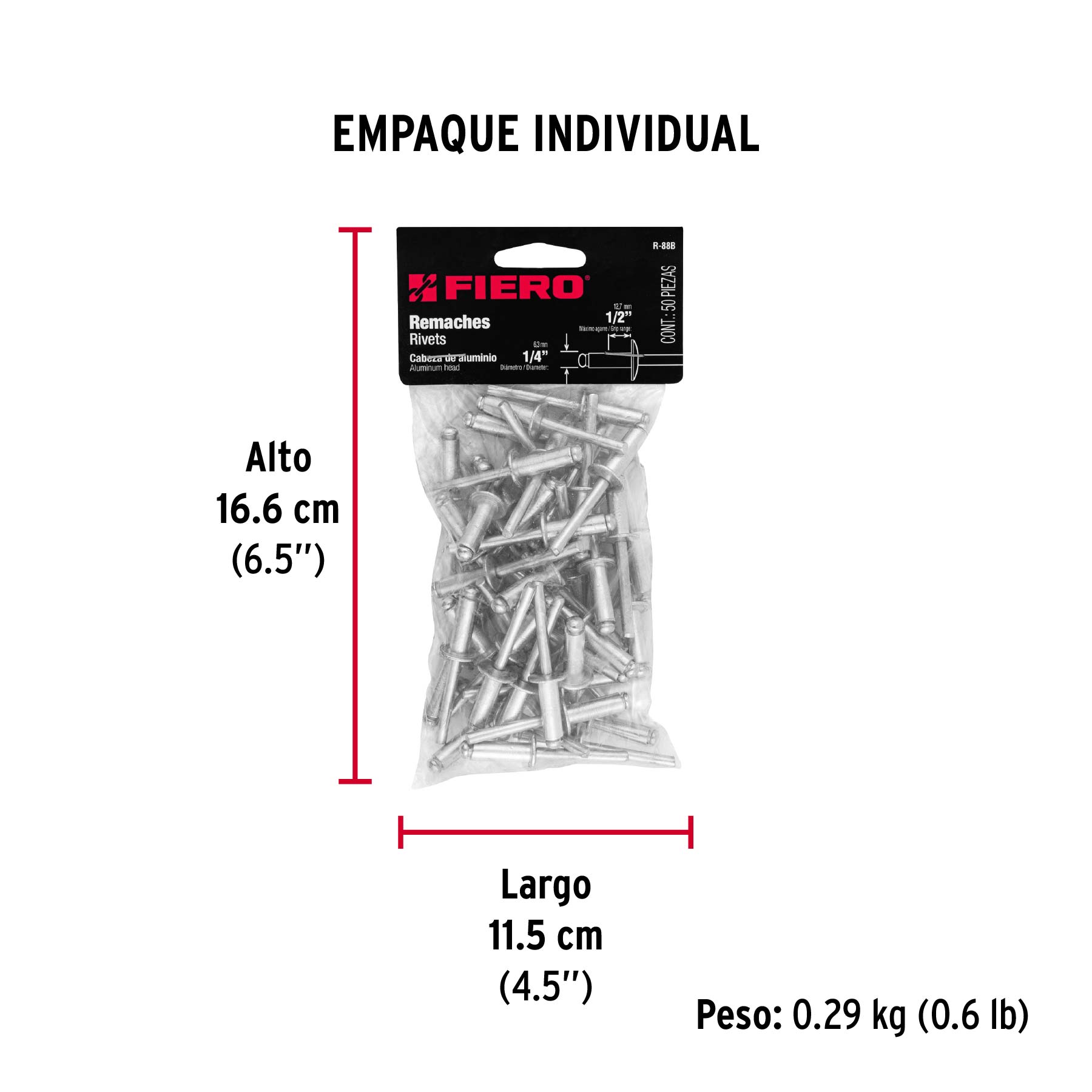 Bolsa con 50 remaches de 1/4" x 1/2" de aluminio, ala 1/2" - Empaque