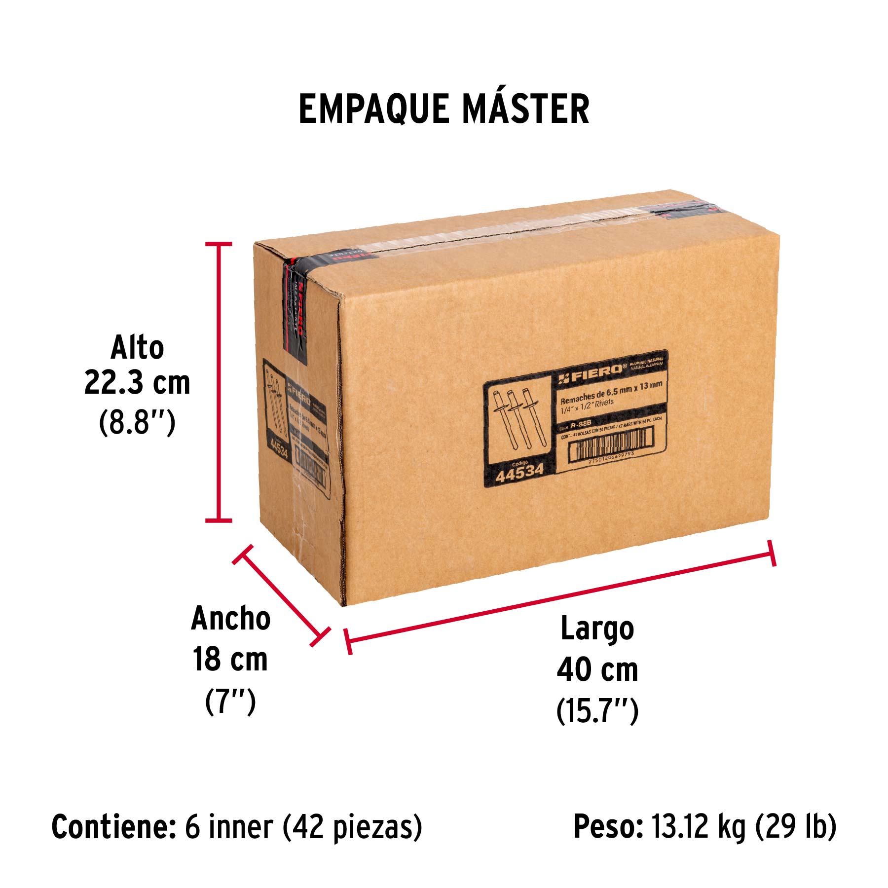 Bolsa con 50 remaches de 1/4" x 1/2" de aluminio, ala 1/2" - Empaque