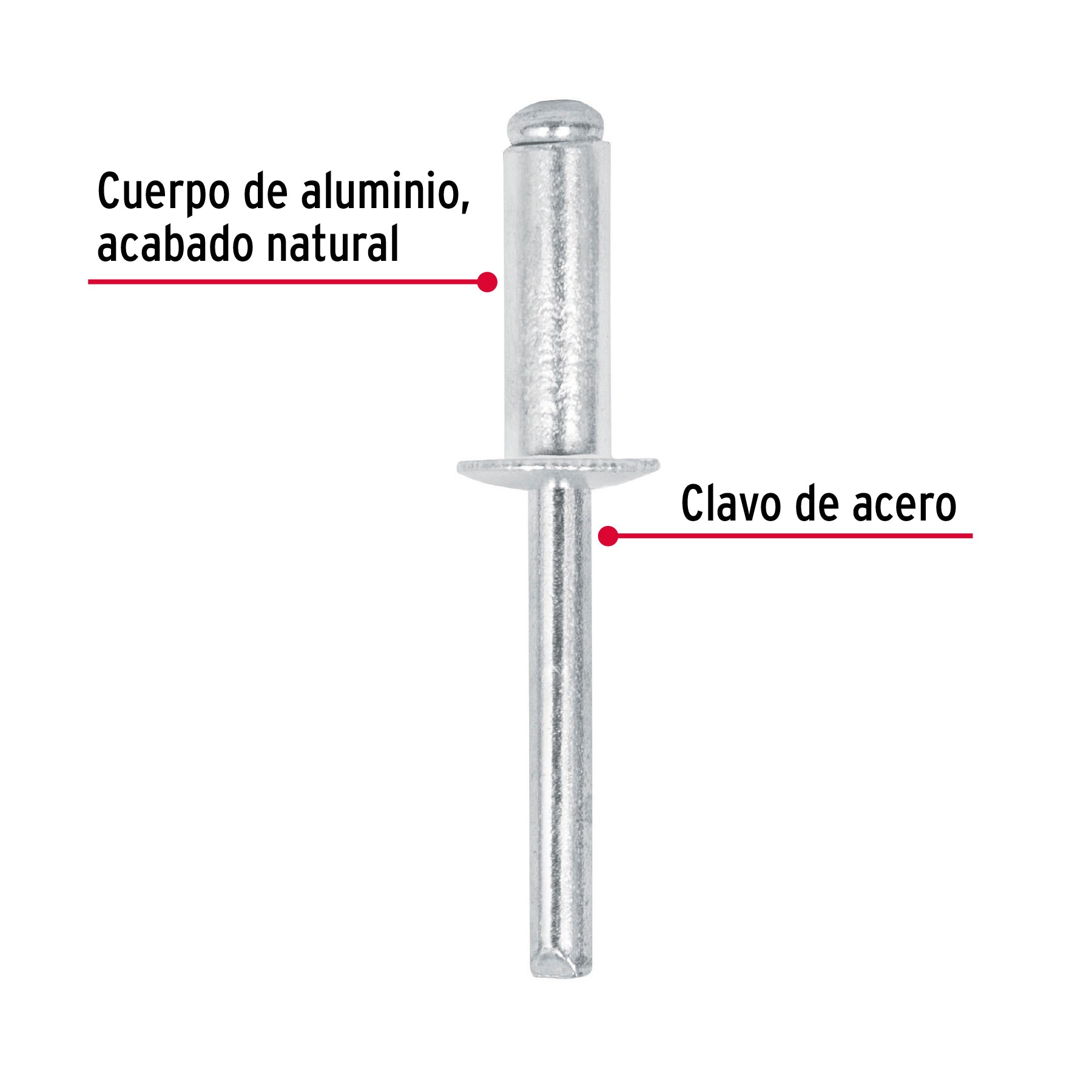 Bolsa con 50 remaches de 1/4" x 1/2" de aluminio, ala 1/2"