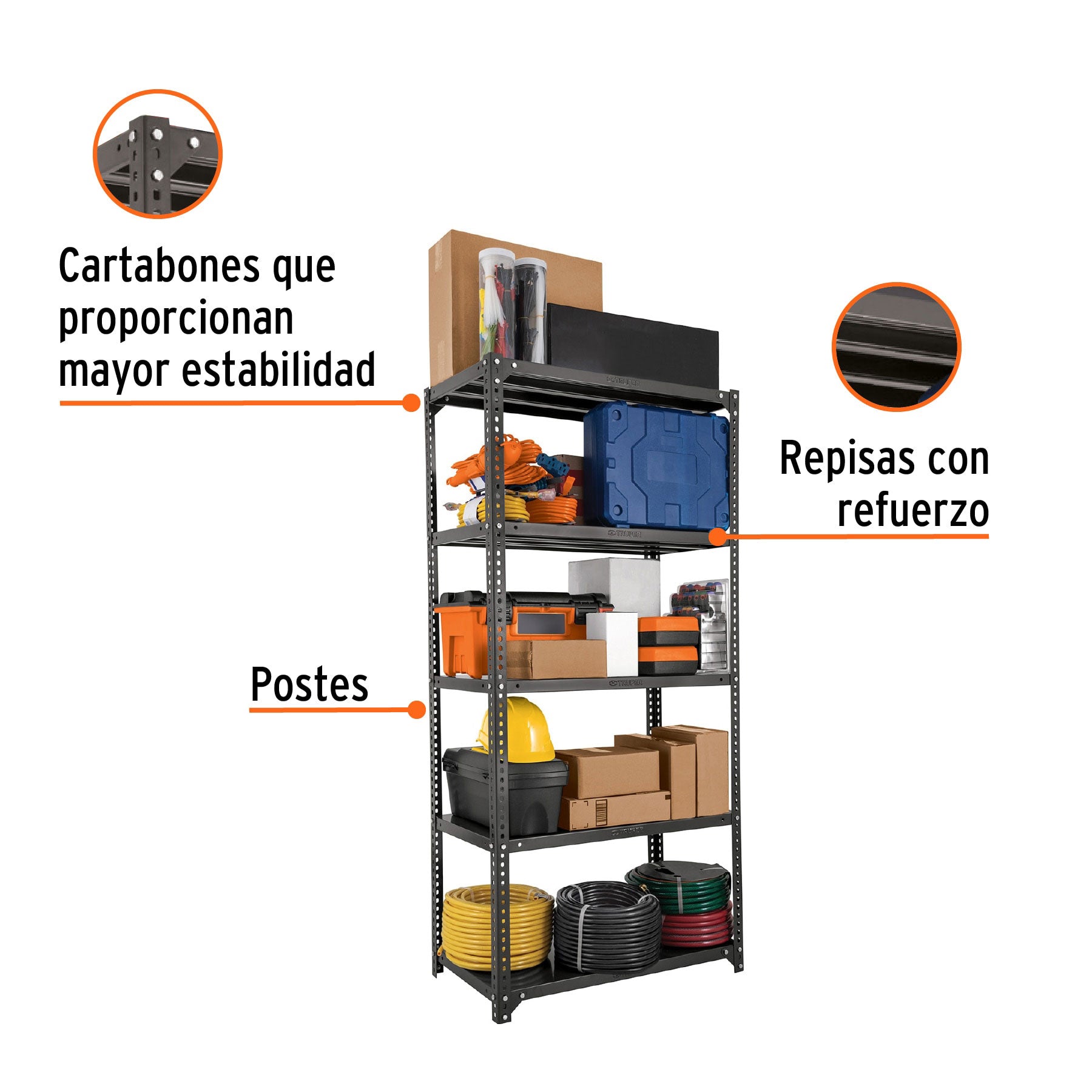 Estante metálico 5 repisas capacidad 80kg, 85x46x180, TRUPER